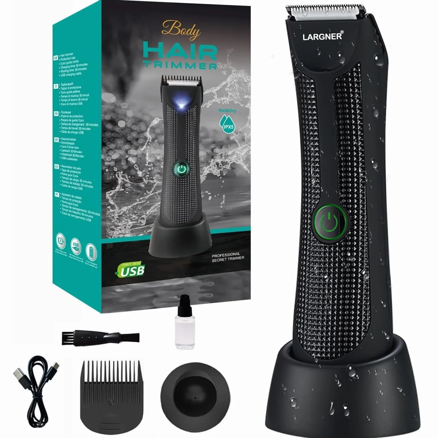 Rasoio per peli del corpo uomo testine ceramica IPX7 impermeabile bagnato/asciutto LED display