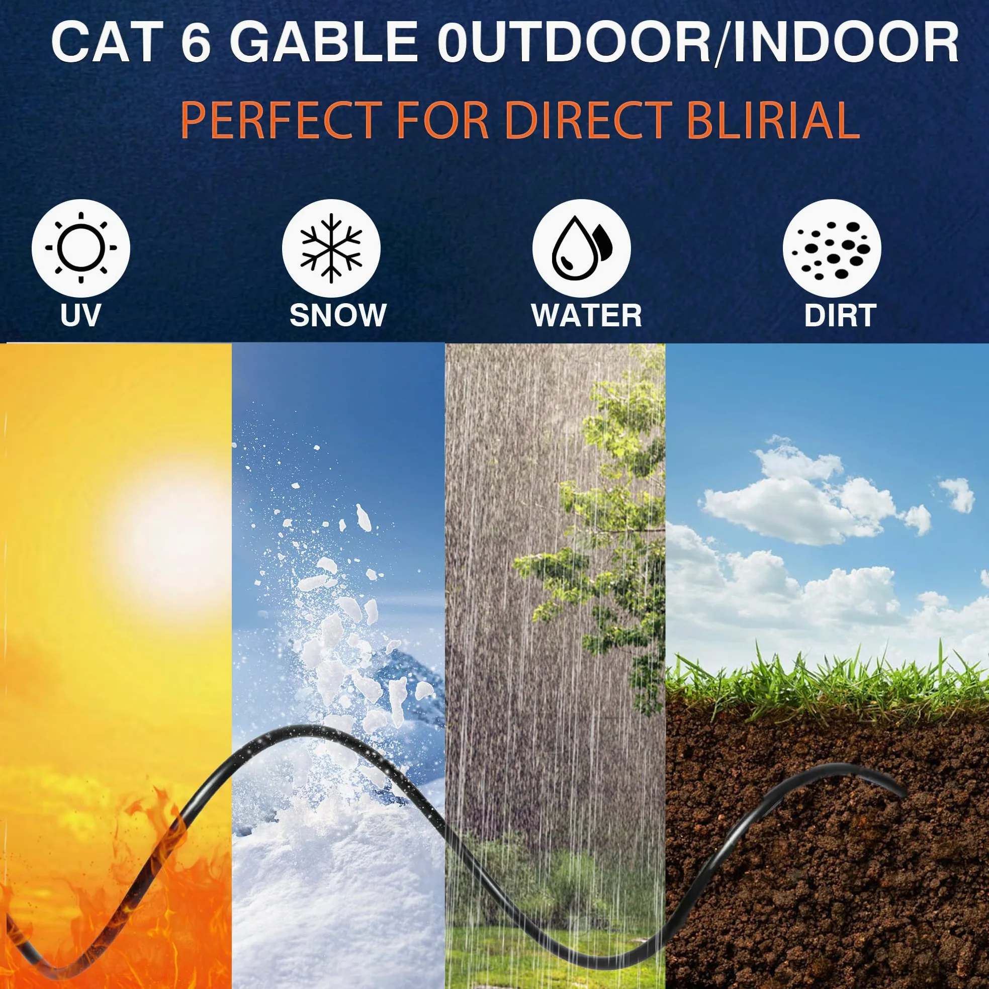 Cavo Ethernet da esterno Cat 6 a discarica diretta da 304,8 m, impermeabile, resistente ai raggi UV, rame nudo massiccio 23 AWG, 550 MHz, PoE++ (4PPoE), UTP non schermato, CMX, asse di rete