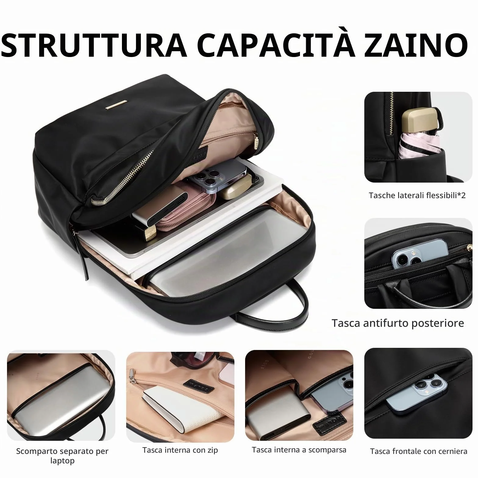 GOLF SUPAGS Zaino Per Portatile PC Donna, Sottile, Antifurto, Per Lavoro, Viaggi, Università, Adatto Per Notebook da 14/15,6 Pollici