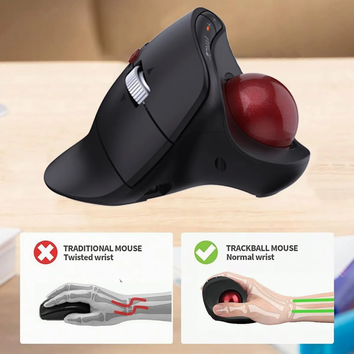 JOMAA Mouse wireless con trackball verticale, design ergonomico, commutazione a 3 dispositivi, 2,4 G/Bluetooth 5.0, ricaricabile di tipo C, DPI regolabile, compatibile con Windows/macOS/iOS/Android