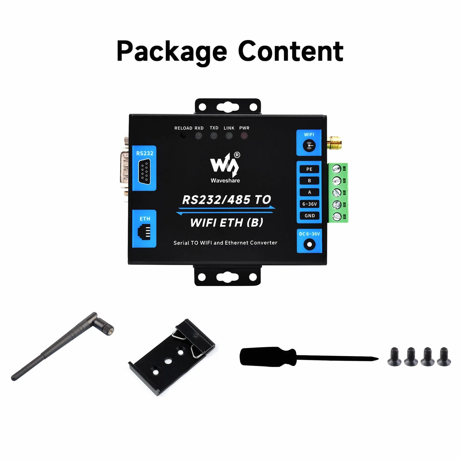 Waveshare Industrial Serial Server RS232/485 to WiFi Ethernet Modbus MQTT Gateway Metal Case Wall-Mount Rail-Mount