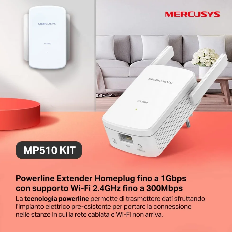 MERCUSYS MP510 KIT V2 Powerline Kit Homeplug AV2 Fino a 1000Mbps e Wi-Fi 300Mbps, Porta Gigabit LAN, Plug and Play, Compatibile con Tutti i Router, Tecnologia Powerline Elevata