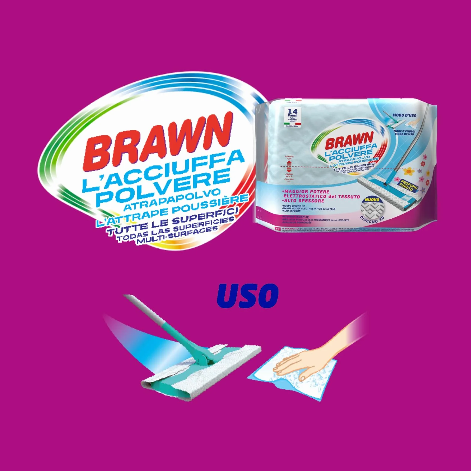 Brawn Acciuffapolvere Tessuto Texture 3D Alto Spessore Potere Elettrostatico Profumo Fiorito Confezione 14 Panni