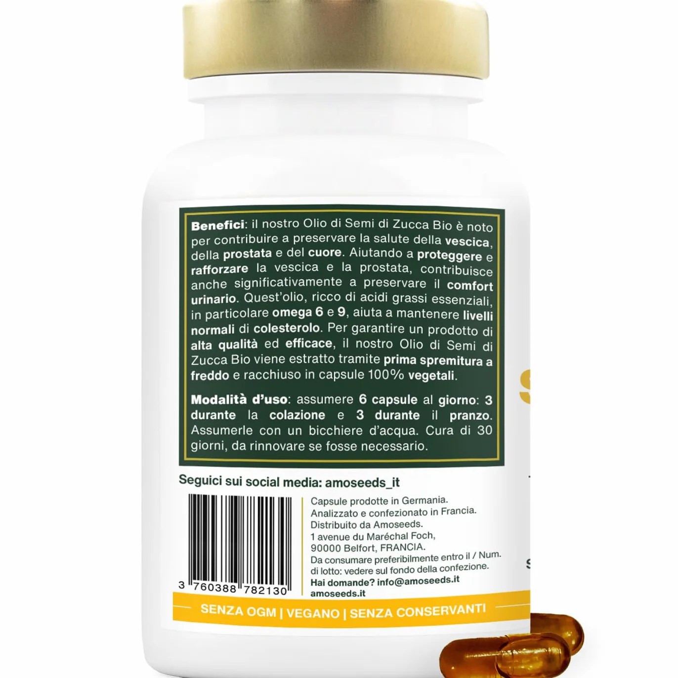 Olio di Semi di Zucca BIO 180 capsule vegetali vegan spremuto a freddo Prostata Salute urinaria