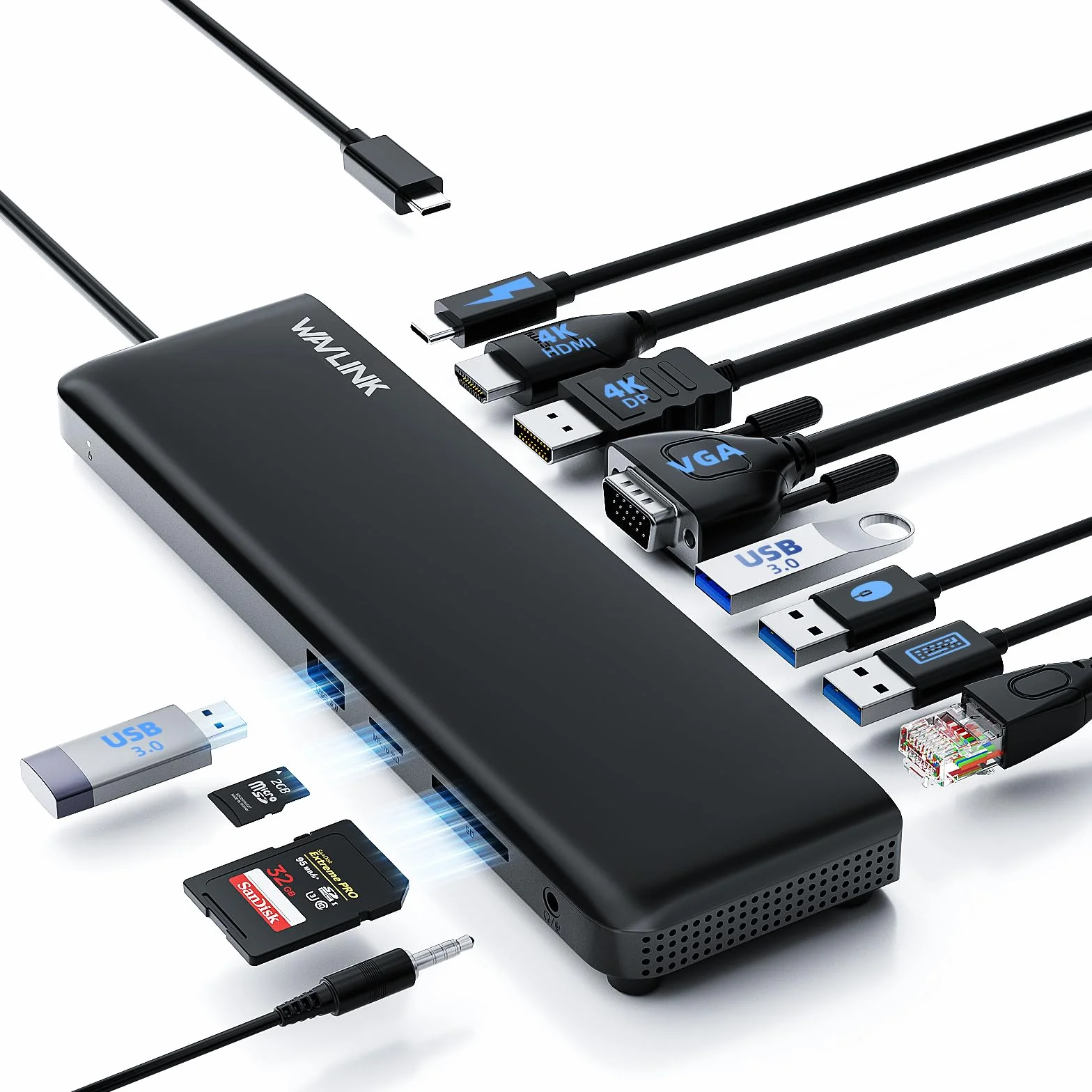 WAVLINK Docking station USB C 3 monitor, docking station con HDMI, DP, VGA, 100W PD, USB3.0&2.0, RJ45, slot SD/TF, audio/microfono, per Lenovo/HP/Dell, ecc. Nero