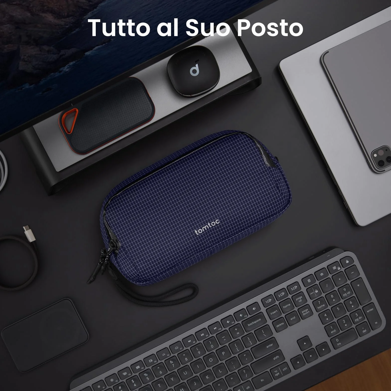 tomtoc T12 New Techpouch UK, Plaid blu, M, Organizer per borse