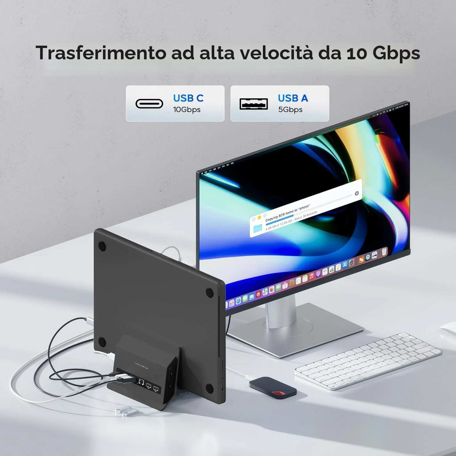 Verticale Docking Station, USB C Macbook Docking Station con M.2 NVMe SSD custodia(SSD non incluso), 4K e 60Hz, 2 porte USB C10 Gbit/s, Supporto Macbook Dock per laptop, Mac, Mac Min, Nero