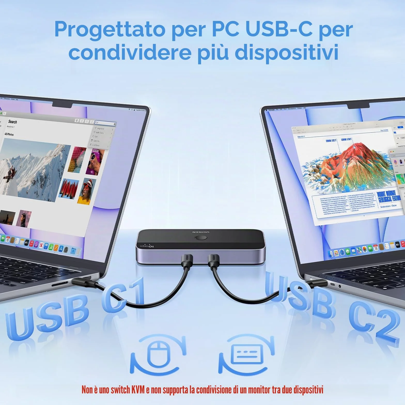 UGREEN Switch USB C 3.2 10Gbps 4 porte Switcher 2 Ingressi 4 Uscite 2 PC KVM Interruttore con Controller Desktop e 2 Cavi Tipo C Inclusi per Tastiera Mouse Stampante Hard Disk Scanner