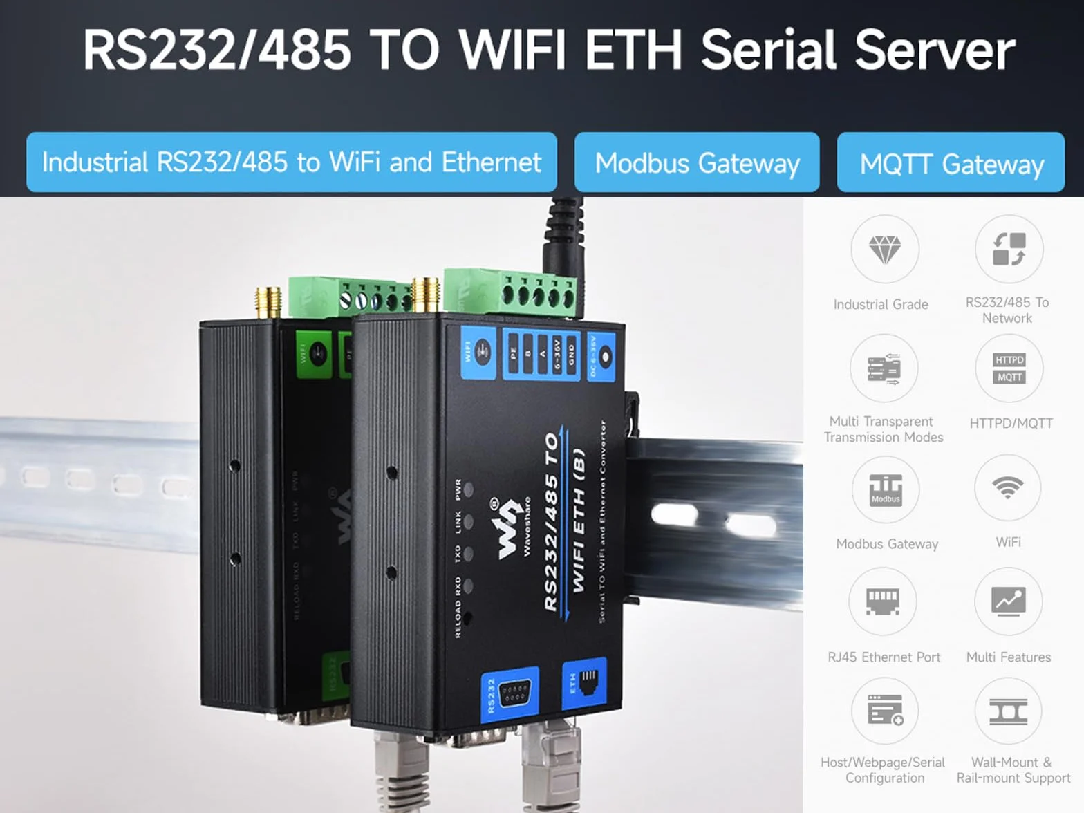 Convertitore RS232/485 a WiFi Ethernet, Server Seriale, Modbus Gateway, MQTT, DC 6~36V