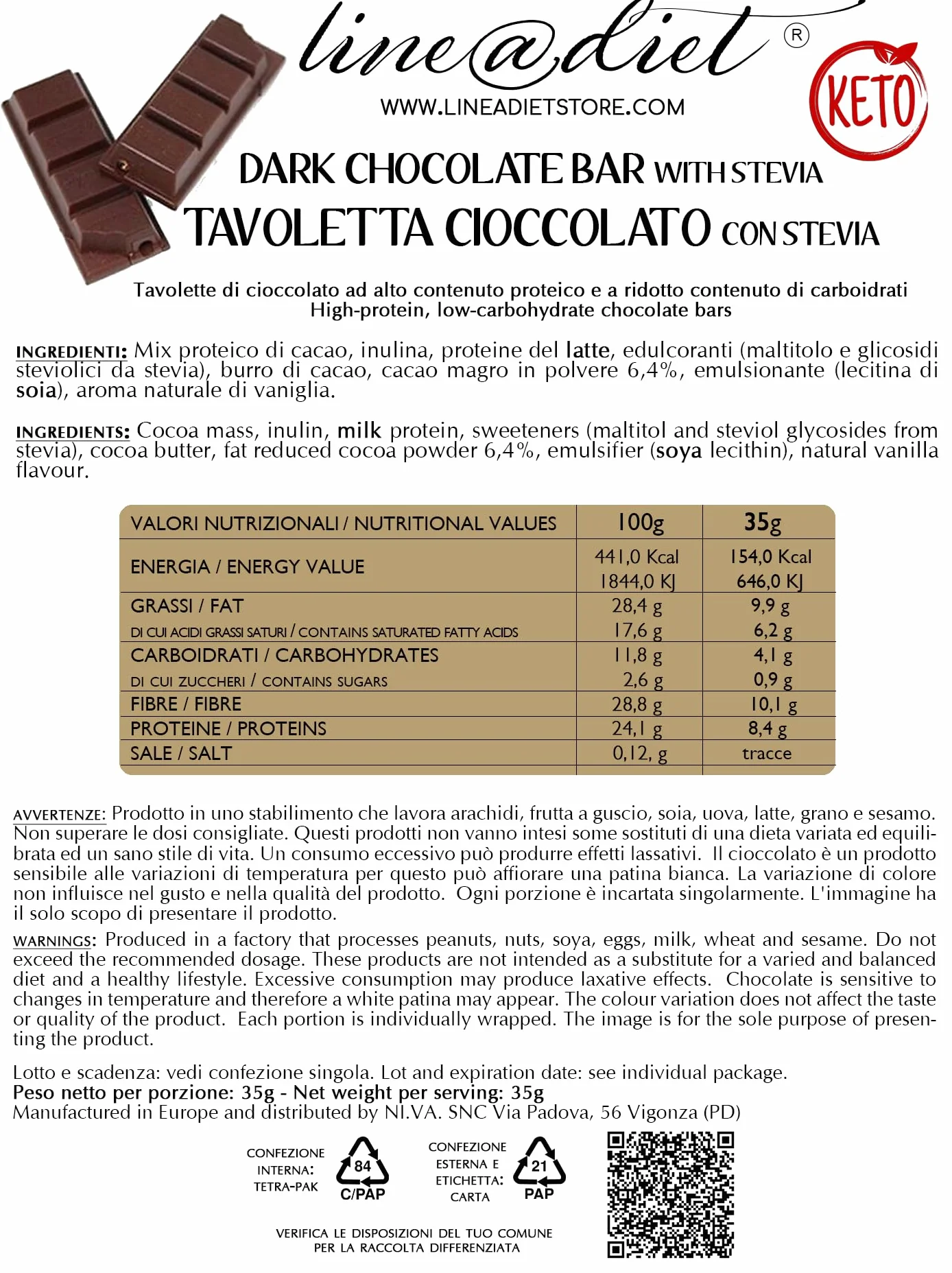 Tavolette di Cioccolata Proteica Zero Zuccheri Line@Diet 35g con Stevia
