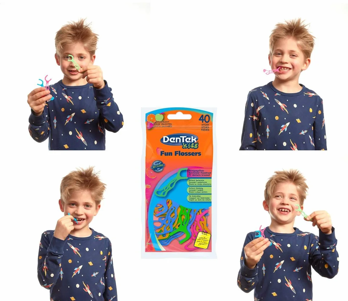 Dentek Fun Flossers Kids Bastoncini di filo interdentale per bambini con sapore di frutta 3 x 40 pezzi