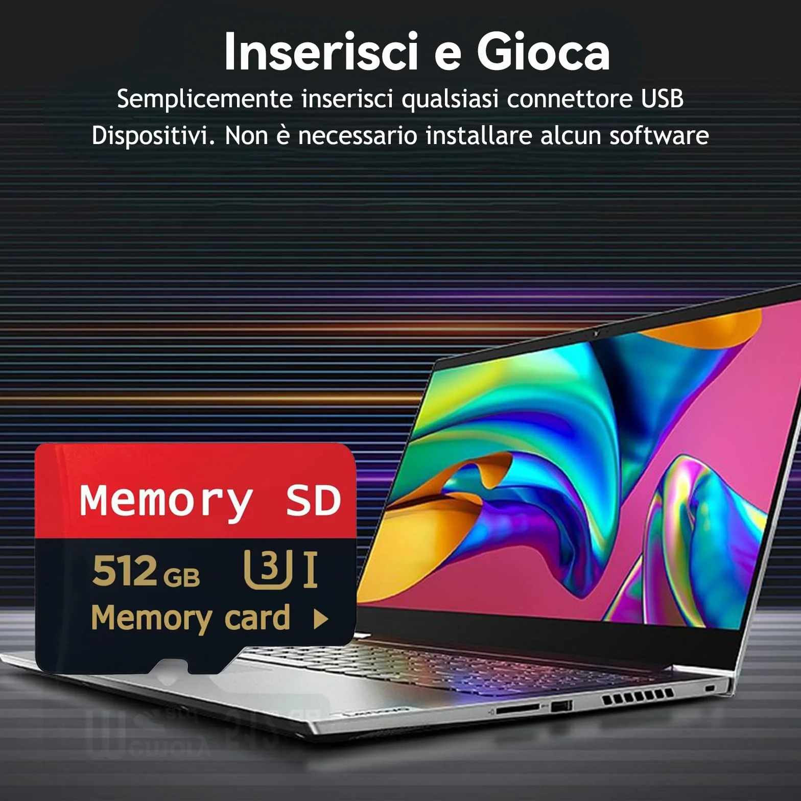 Scheda Micro SD 512GB ad elevata velocità, scheda di memoria ad alta velocità per smartphone, dispositivi di gioco portatili e droni, videocamere, switch.