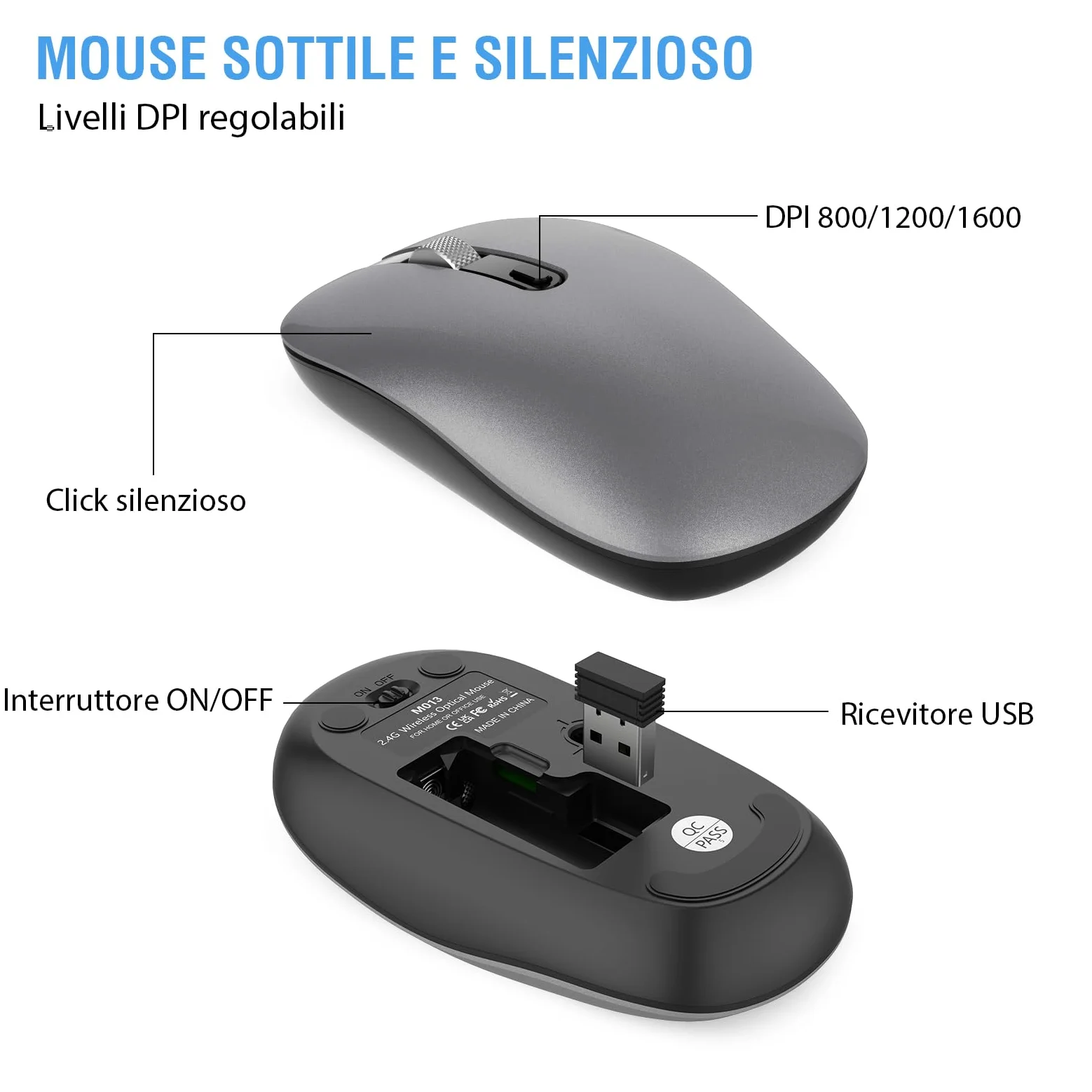 cimetech Tastiera e Mouse Wireless, Layout Italiano QWERTY, Ultra-Sottile Ergonomico Full-Size 2.4Ghz Wireless Mouse Tastiera Numerico con Ricevitore Nano per PC/Laptop/Win7/8/10（grigio）