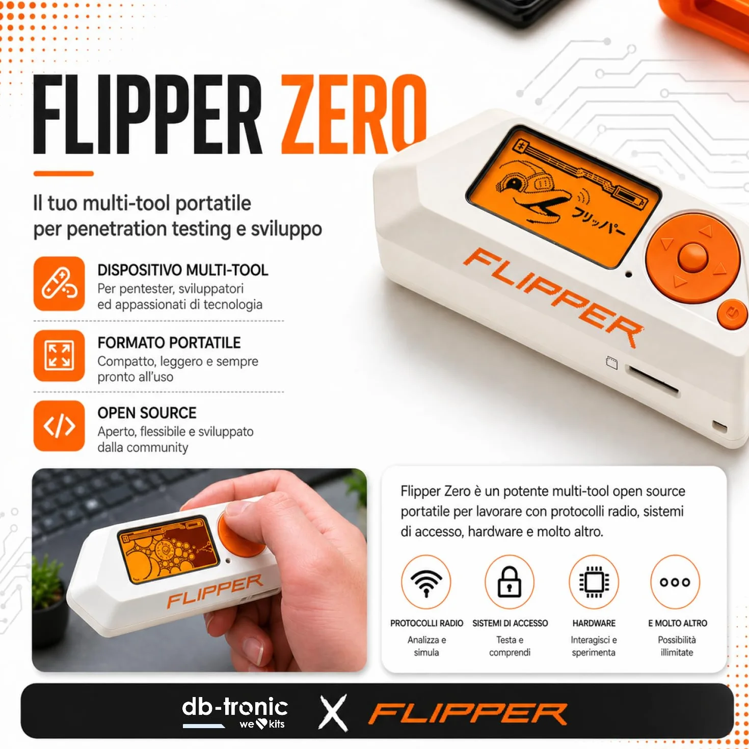 db-tronic Flipper Zero Protective Set | Flipper Zero | Custodia in Silicone | Cavo USB-C | Scheda di Memoria 64GB - Sub-GHz, RFID, NFC, Telecomando Radio, infrarossi, Open-Source e Personalizzabile