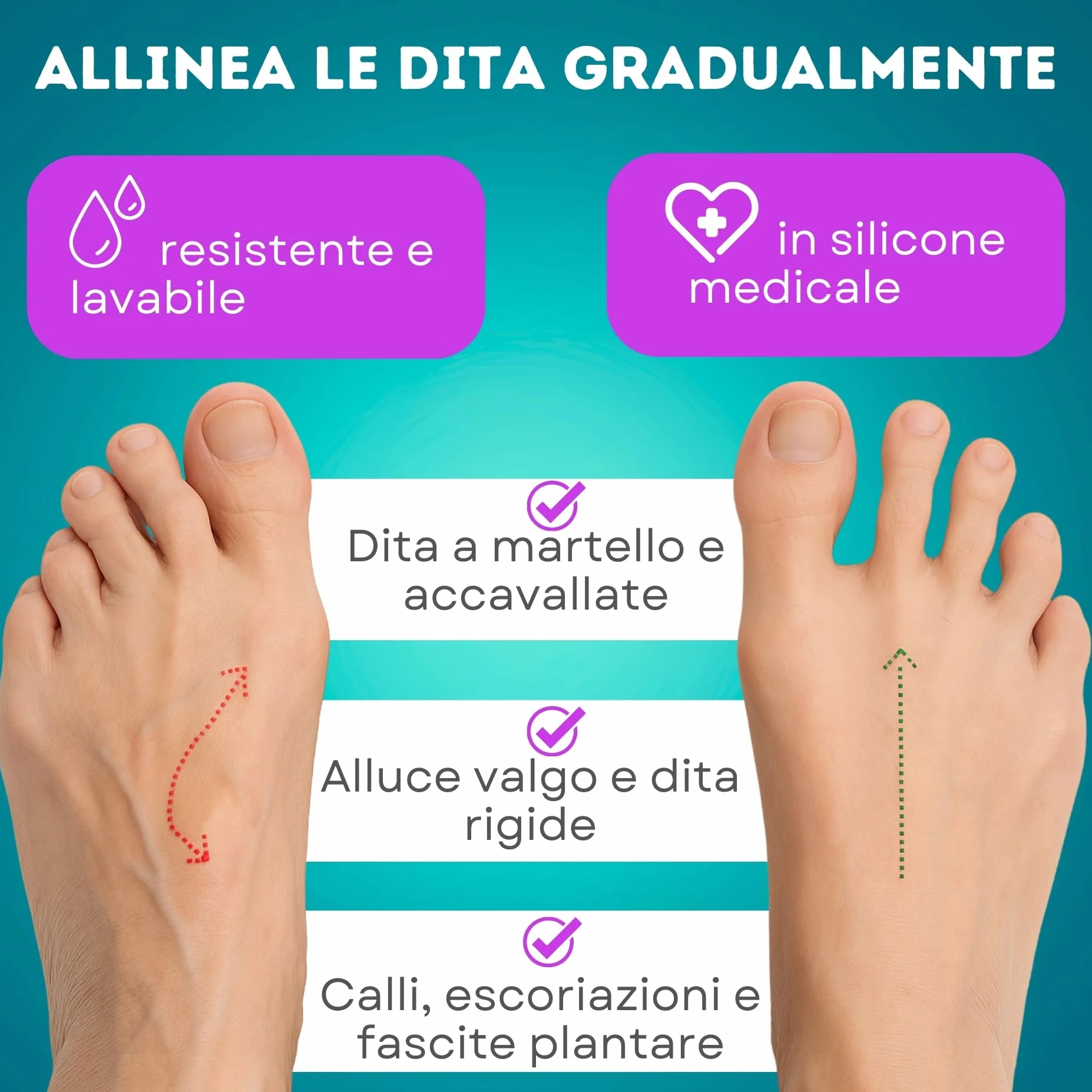 Separatore Dita Piede Correttore Alluce Valgo Morbido Silicone 1 Paio Blu