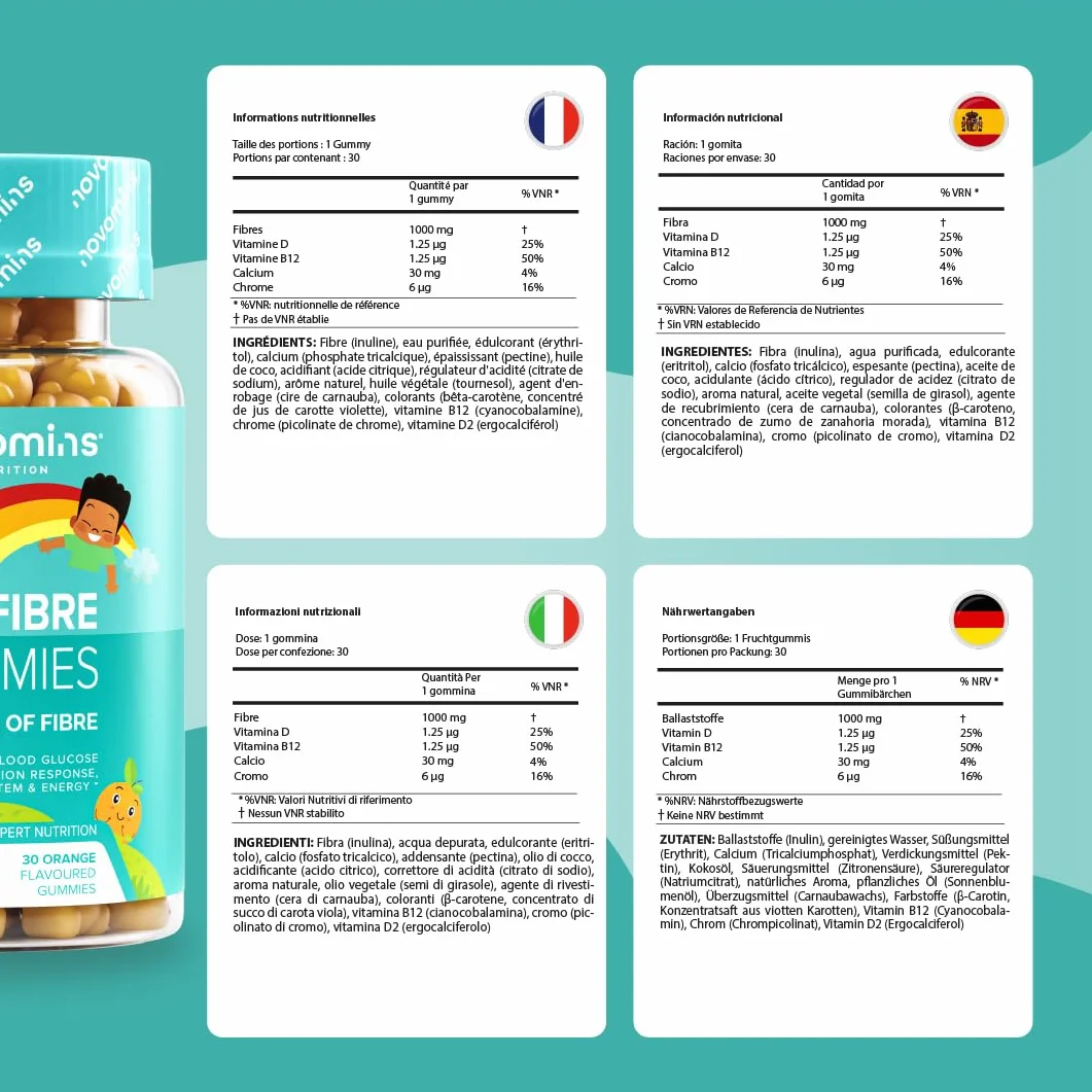 Novomins Fibre Gommose 1000 mg Inulina con Cromo Vitamina D e B12 Sistema Immunitario Metabolismo Vegan 30 Gommose Gusto Arancia