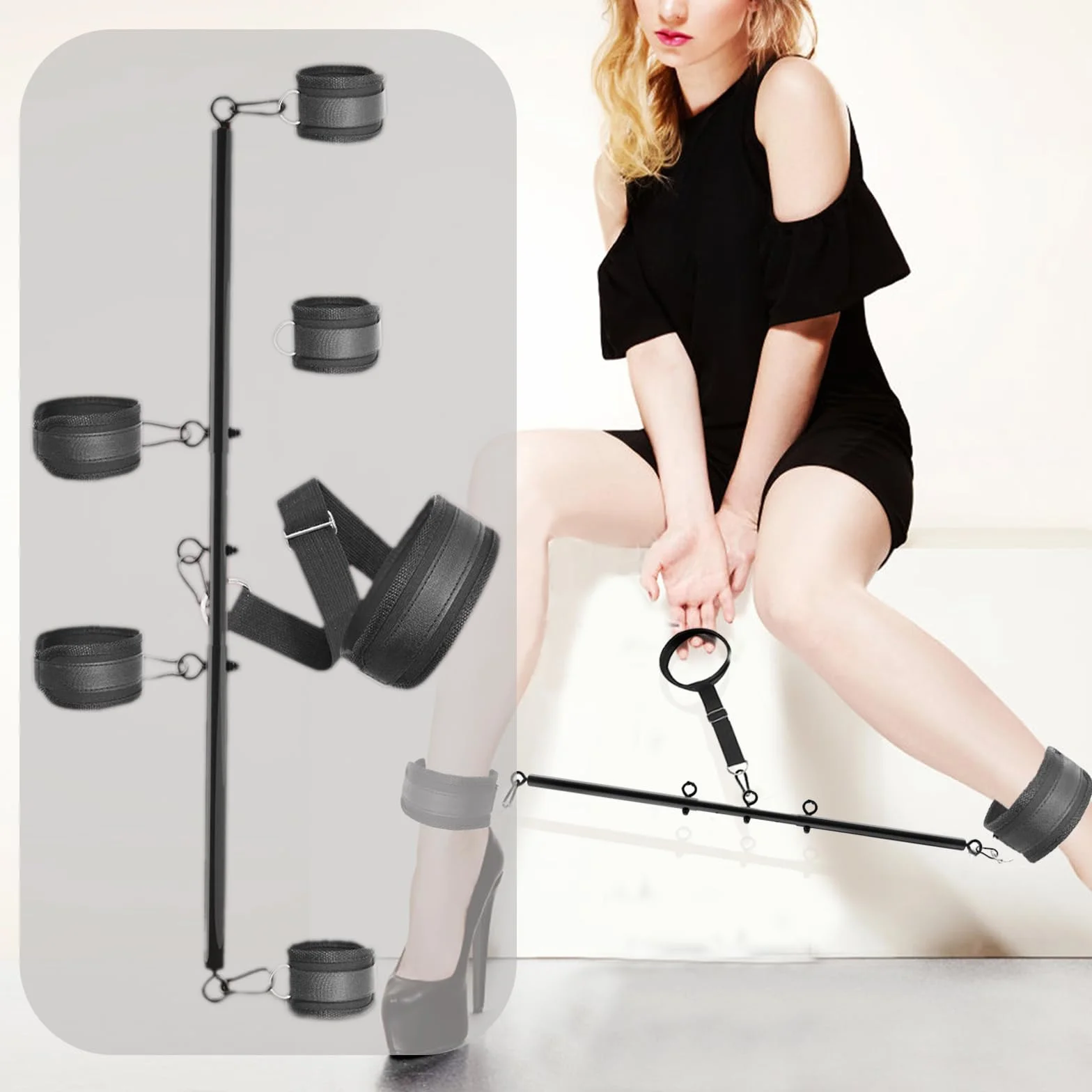 Manette BDSM Set Bondage Multiuso Collo Polso Barra Distanziatore Regolabili 56-91 cm