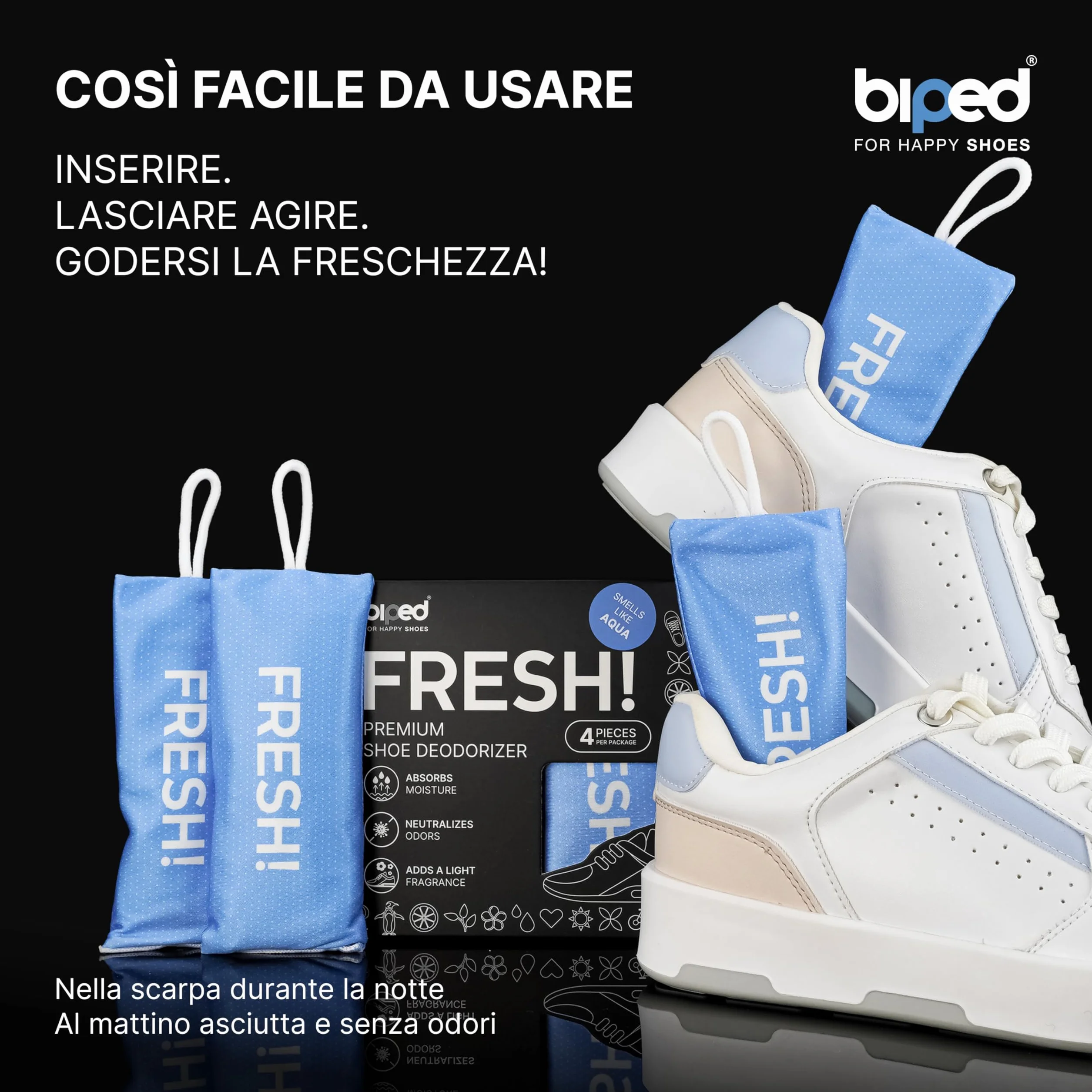 biped FRESH! deodorante premium per scarpe – cuscinetto profumato con carbone di bambù attivo – elimina odori e sudore da sneaker, calzature sportive e borse da palestra (4 pezzi)
