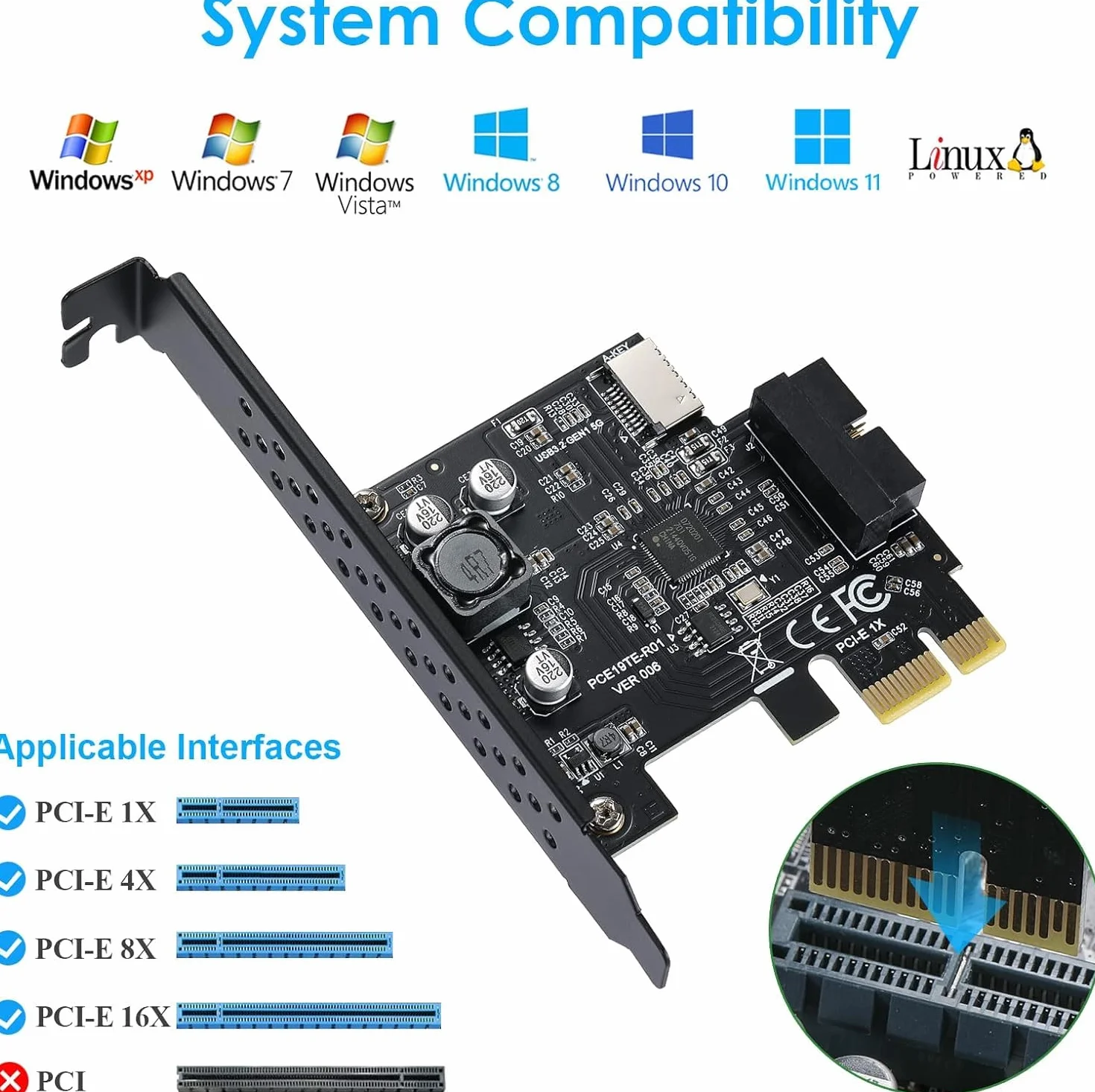 Connettore da pannello frontale PCI-E 1X a USB 3.2 GEN1 5 Gbps a 20 pin (all'intestazione del pannello frontale di tipo C),Scheda di espansione con presa USB 3.0 a 19pin