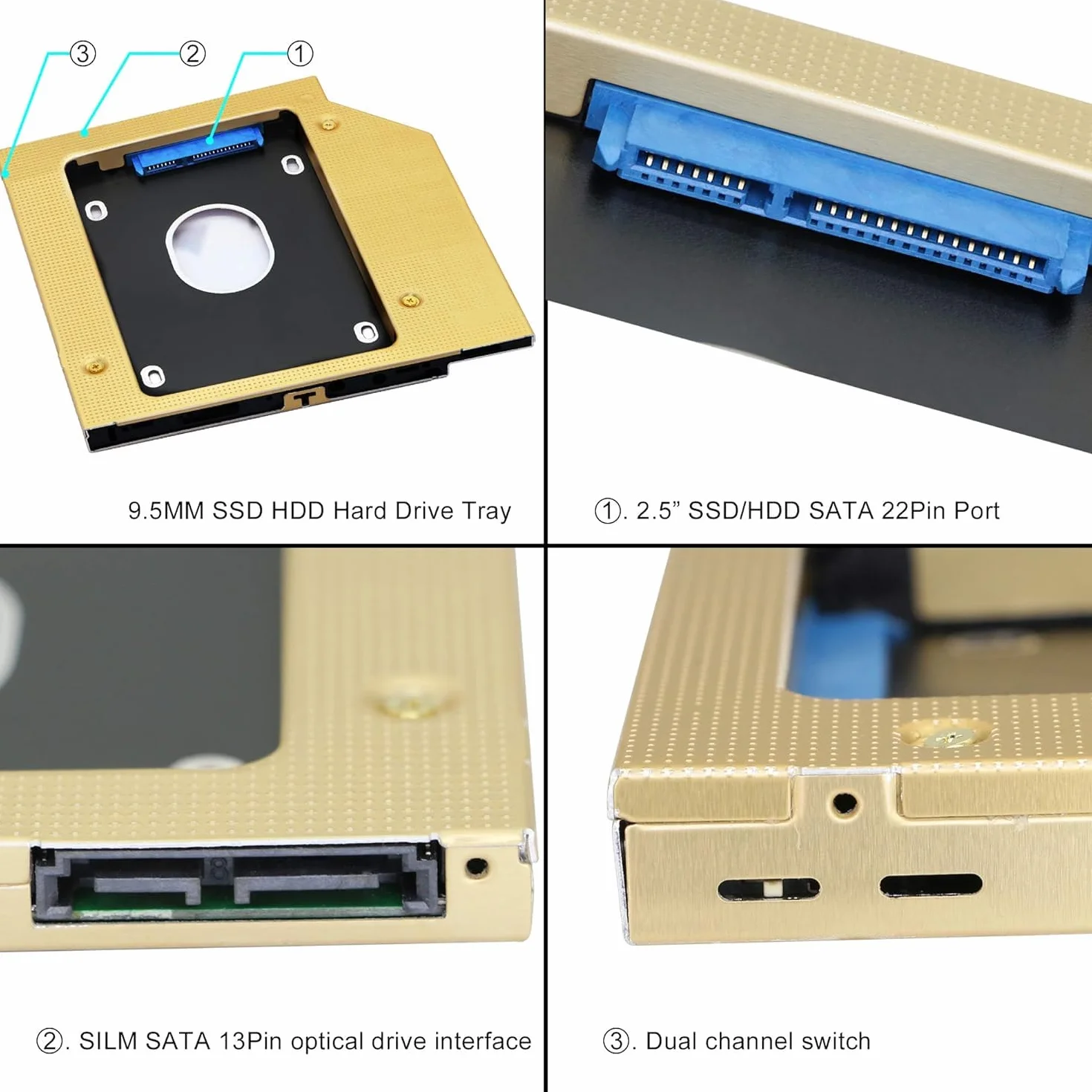 Vassoio per disco rigido SATA 2° SSD, disco rigido SATA-III da 9,5 mm, disco rigido SATA-III da 2,5 pollici, vassoio universale per computer portatile, CD/DVD-ROM Disc Tray Drive Slot (dorato)