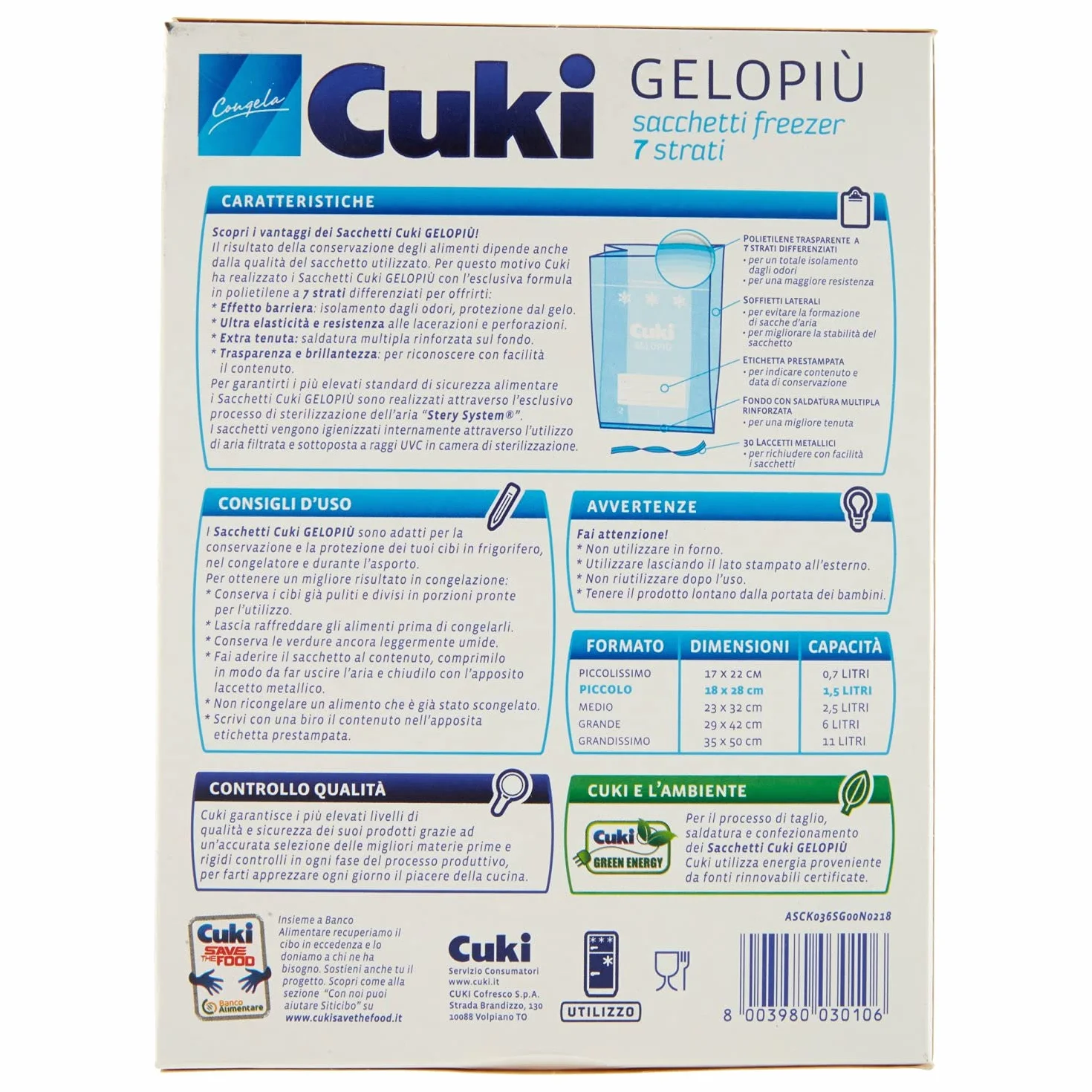 Cuki Gelopiù sacchetti freezer 7 strati 18 x 28 cm 1,5 L 30 pezzi