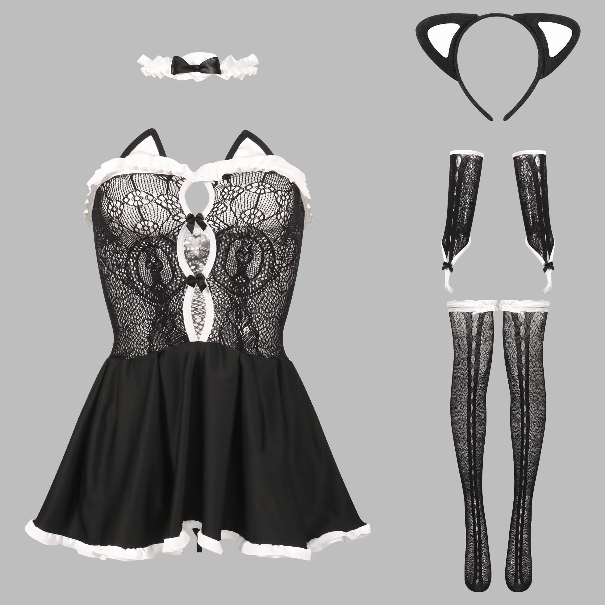 Costume Cosplay Cameriera Francese Cat Intimo Trasparente Halloween Donna Pizzo Babydoll con Calze