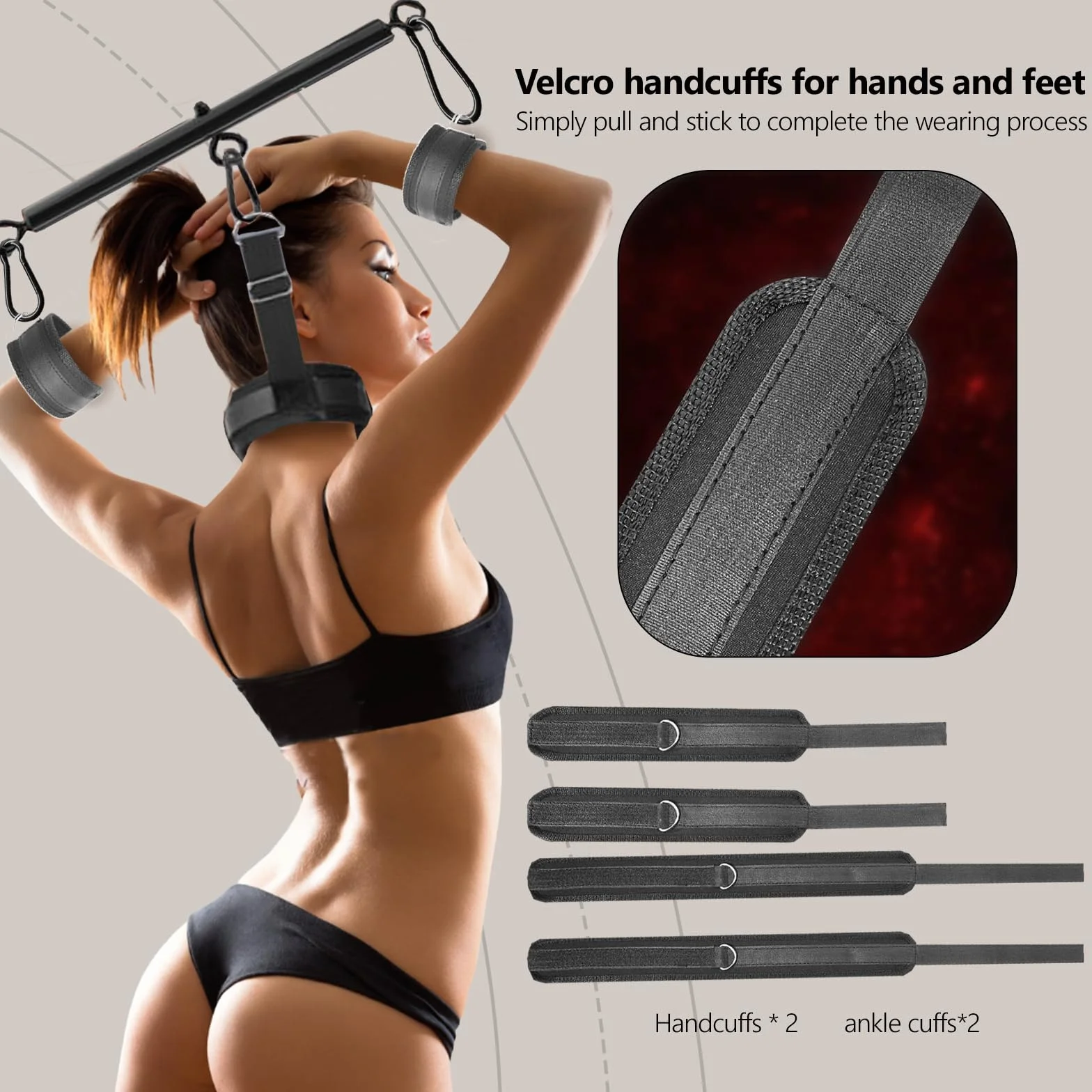 Manette BDSM Set Bondage Multiuso Collo Polso Barra Distanziatore Regolabili 56-91 cm