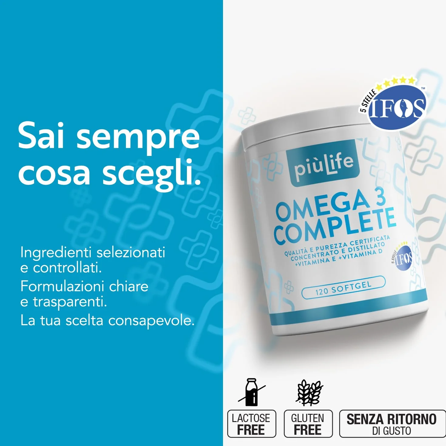 Omega 3 IFOS 5 Stelle Certificato Con Vitamina D3 2000 UI PiùLife 120 Softgel 2000mg EPA 1000mg DHA Olio di Pesce