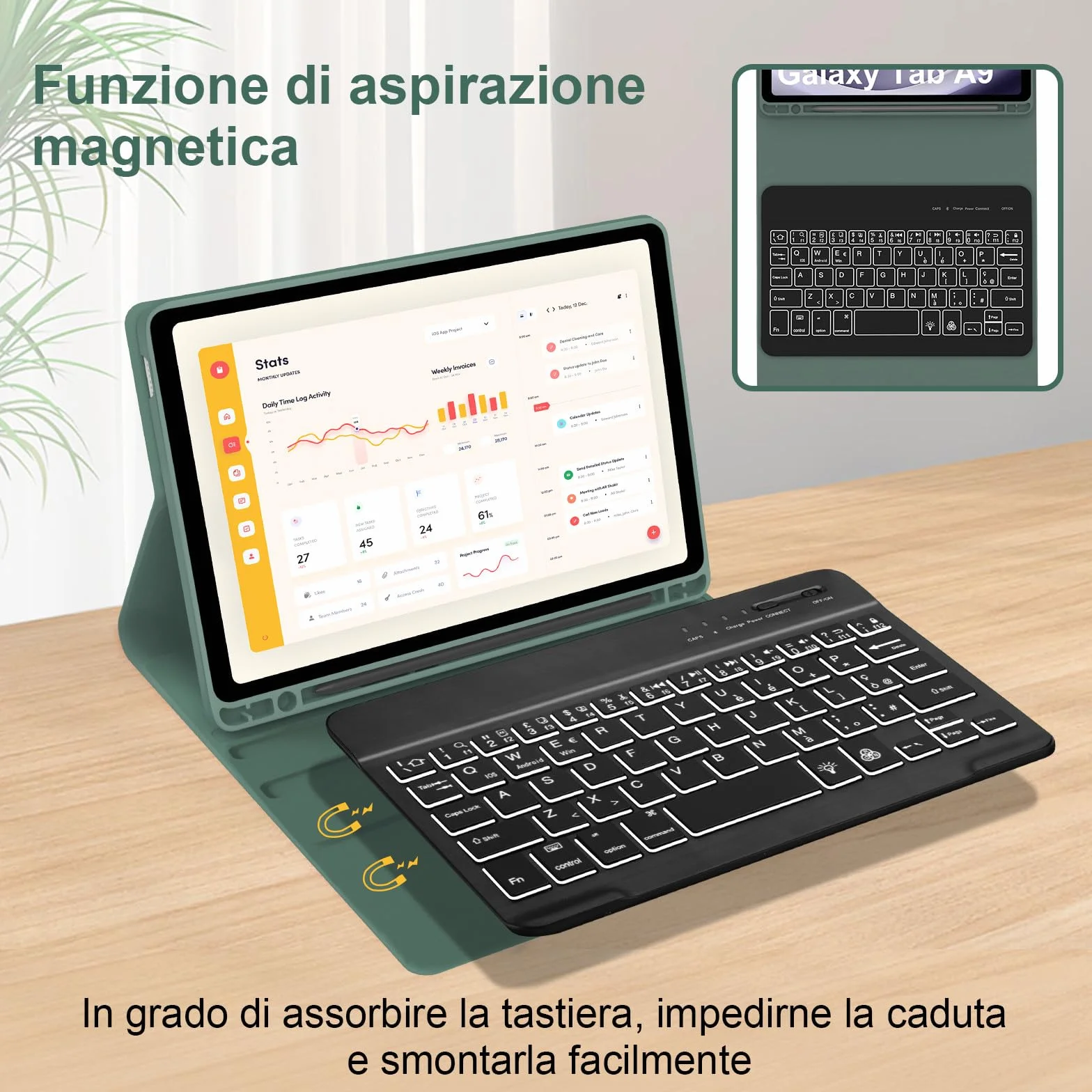 WINCHKING Cover Tastiera per Samsung Galaxy Tab A9 8.7", Italiano Bluetooth Rimovibile Retroilluminata Tastiera per Samsung Galaxy A9 Tablet 8.7 pollici 2023, Verde