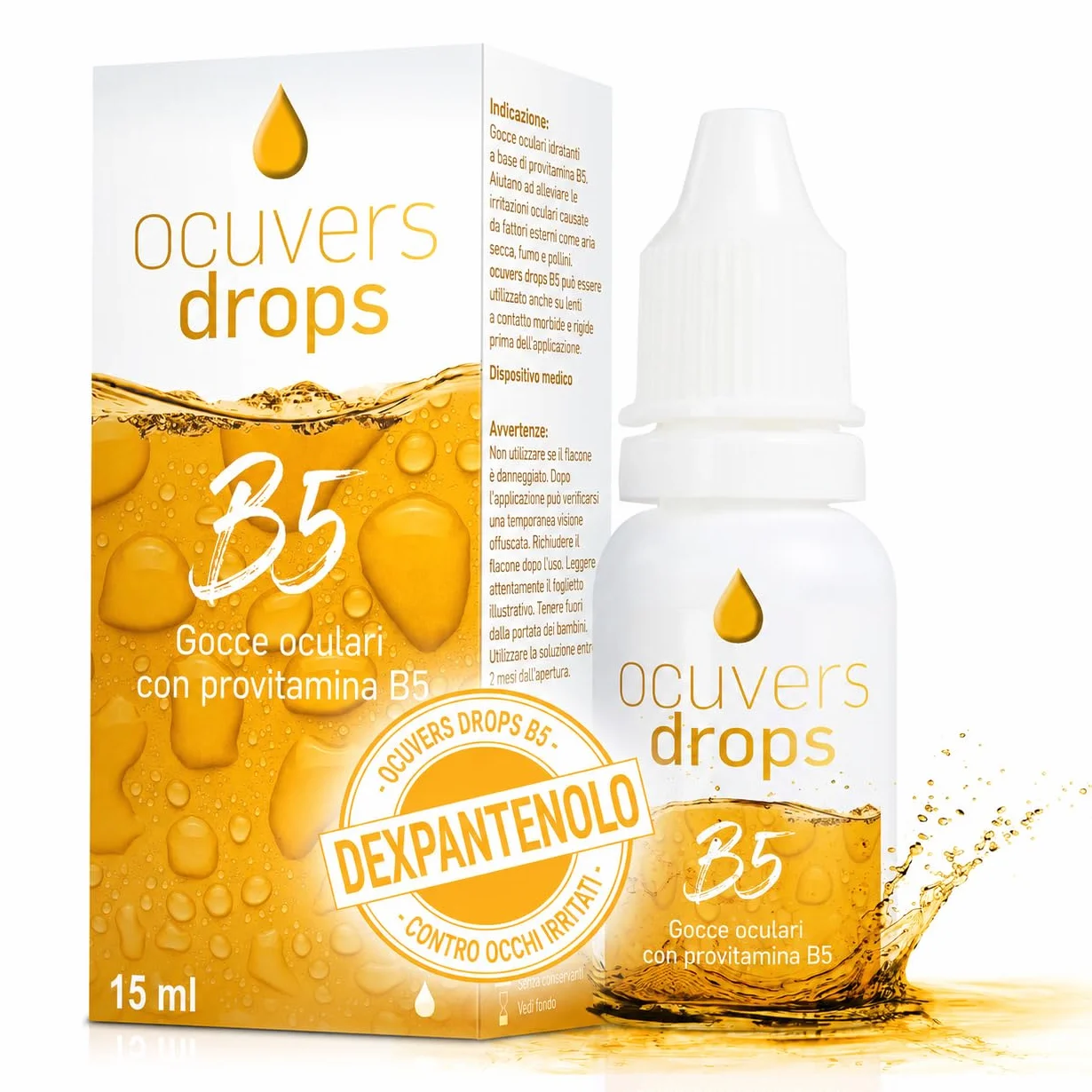 Ocuvers Drops B5 Gocce oculari con Dexpantenolo 2% e Hydraflex contro occhi secchi rossi brucianti idratanti senza etanolo per portatori lenti contatto