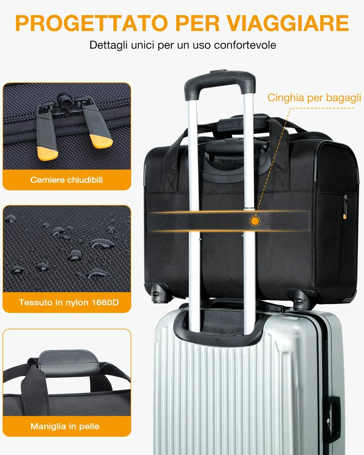 Ponhog Trolley per PC Portatili 15.6 Pollici, Borsa per Laptop con 4 Ruote Rimovibili, Nero
