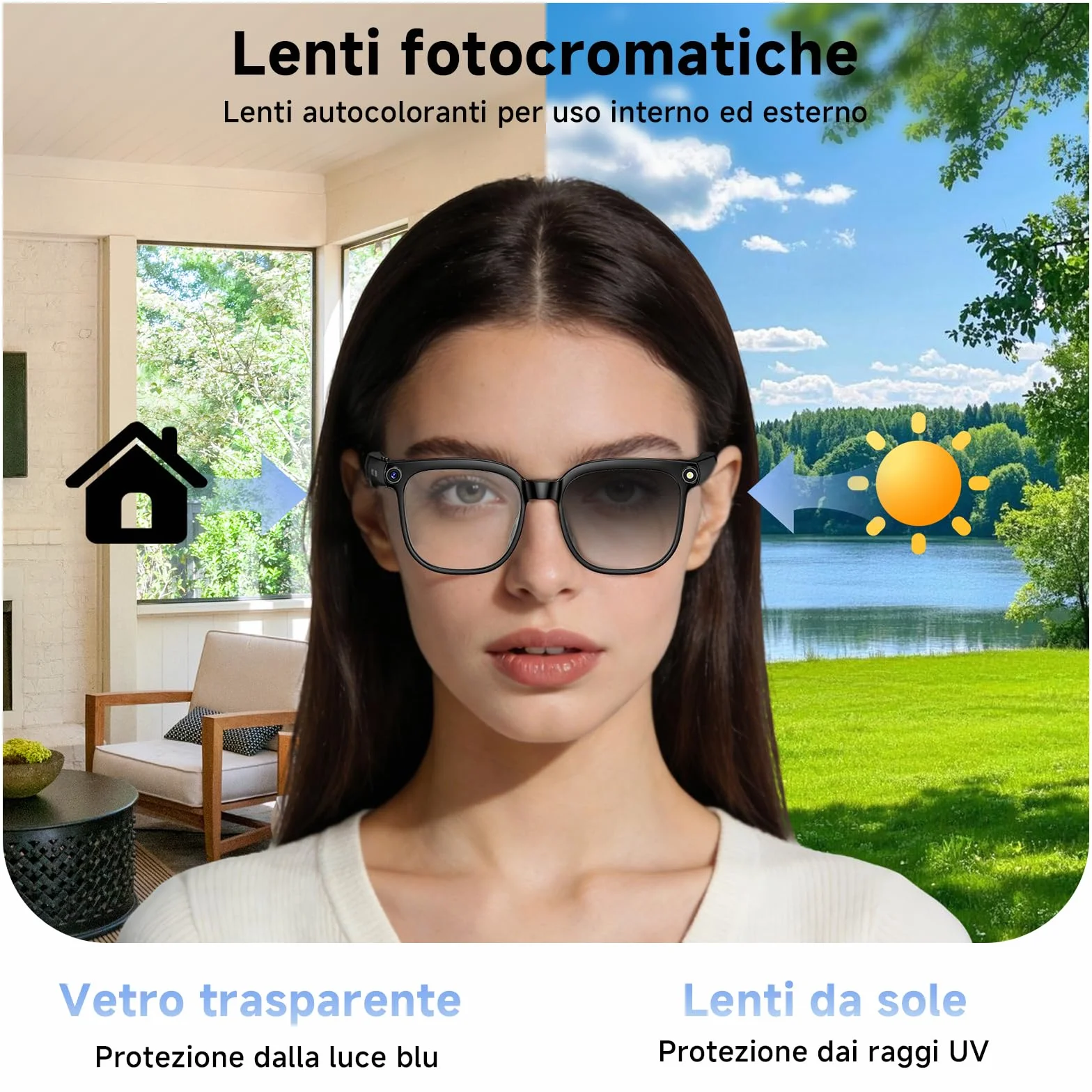 Occhiali Intelligenti AI Smart Glasses 8K Fotocamera 2 Lenti HD 1080p Bluetooth Chiamate Nero