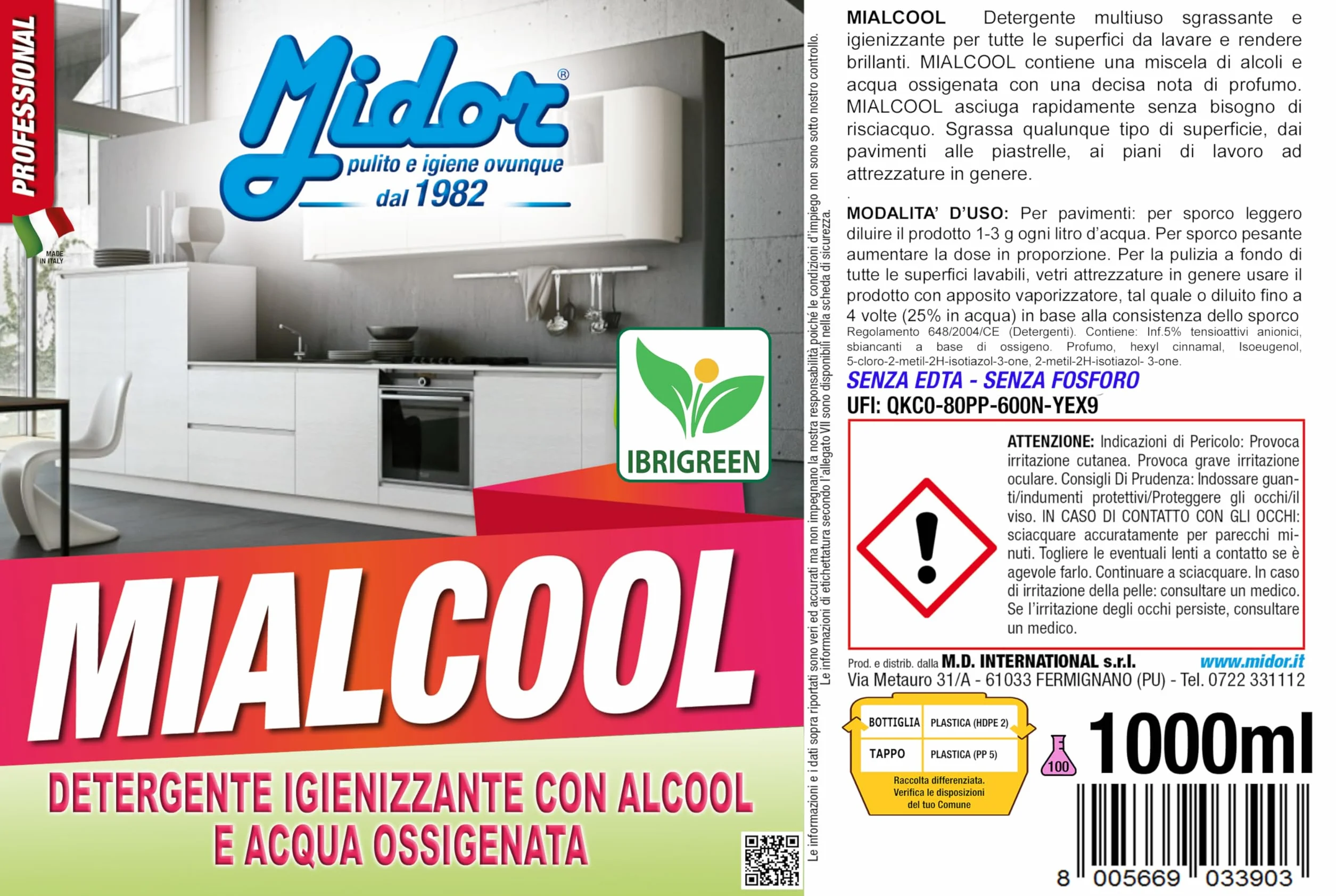 Midor Detergente Multiuso MIALCOOL 1kg 1000ml sgrassante igienizzante con Alcool
