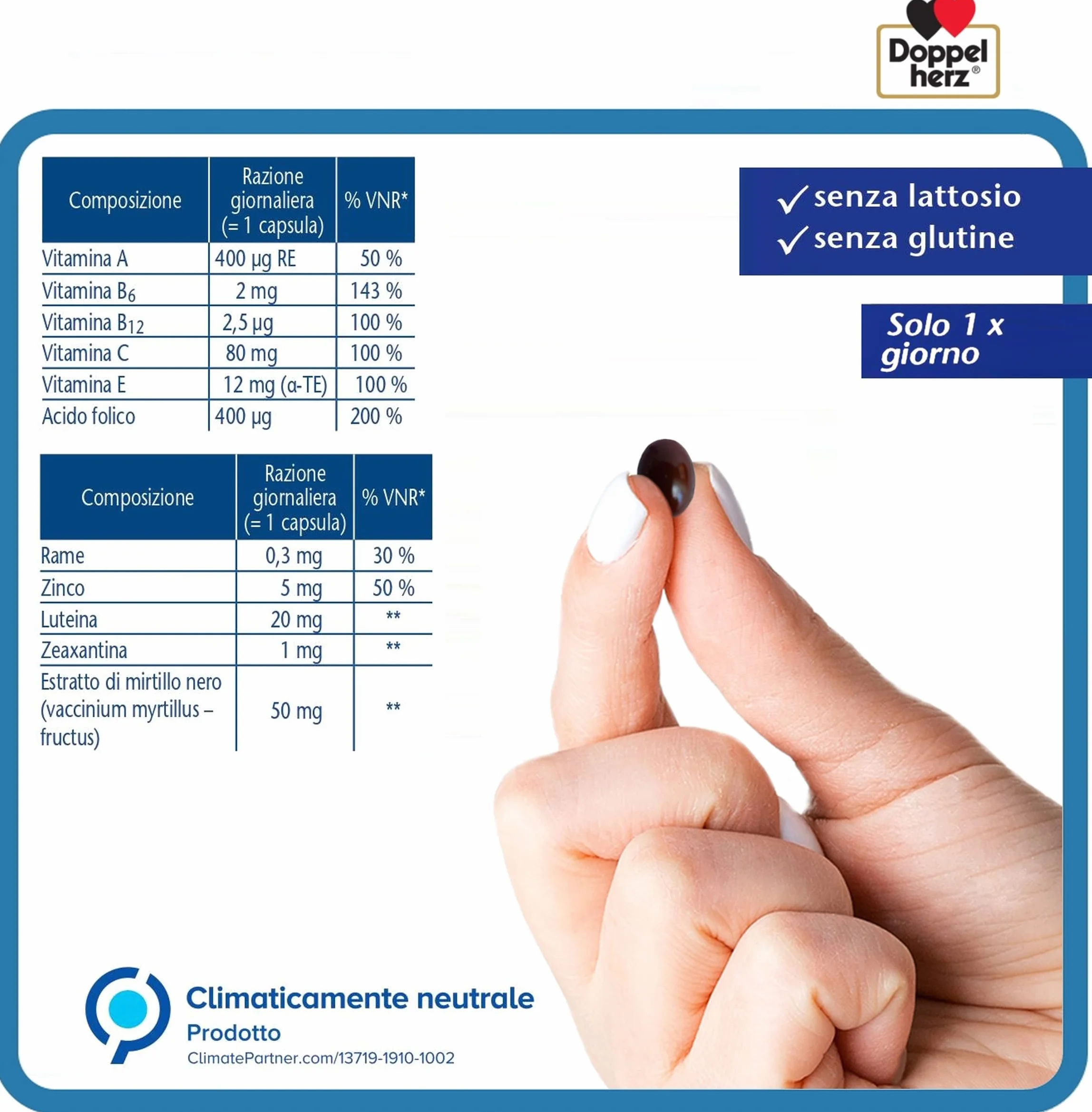Doppelherz Integratore Occhi Extra Giorno + Notte 30 Capsule 20 mg Luteina Zeaxantina Mirtillo Nero Zinco Vitamine A C E B