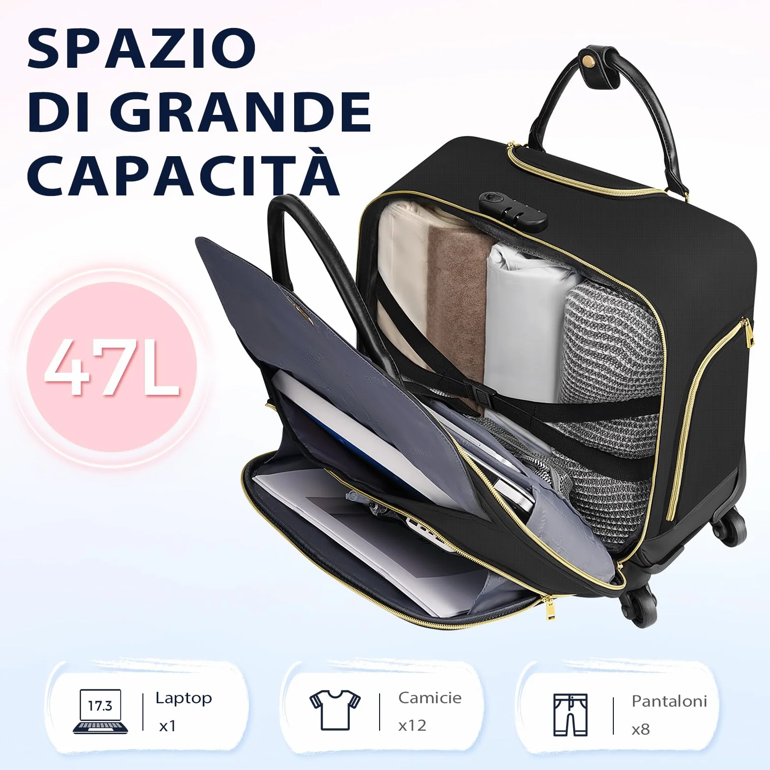 Ytonet Business Trolley 4 Ruote Piroettanti Valigetta Laptop 17,3 Pollici Valigia Pilota Tasca Organizzatore Chiusura Combinazione Nero