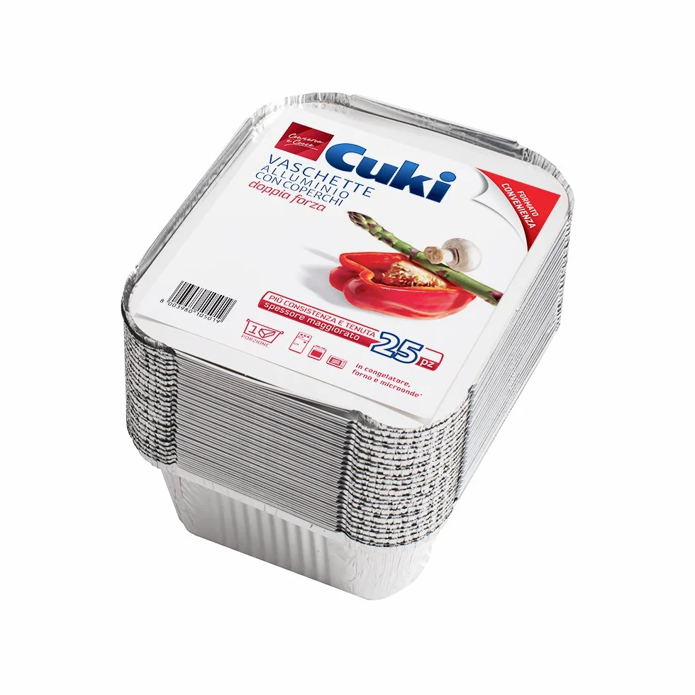 Cuki Vaschette Alluminio rettangolari con coperchi 1 porzione 25 pezzi