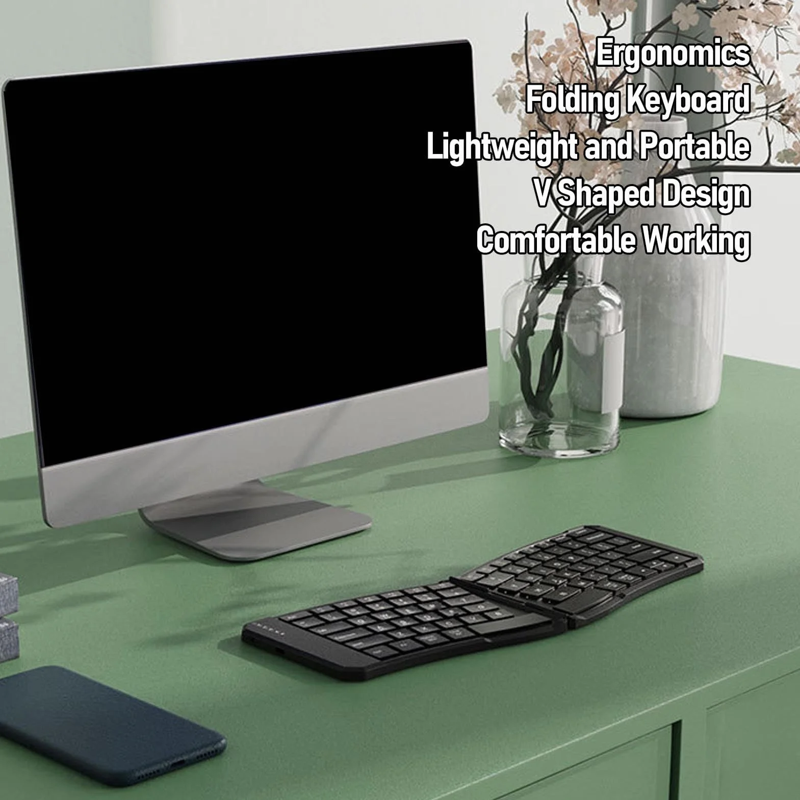 Jiawu Tastiera Ergonomica Pieghevole, Tastiera Bluetooth Portatile Divisibile, Supporta Tre Dispositivi Contemporaneamente, Tastierino Wireless a Forma di V a 80 Tasti, Ricaricabile