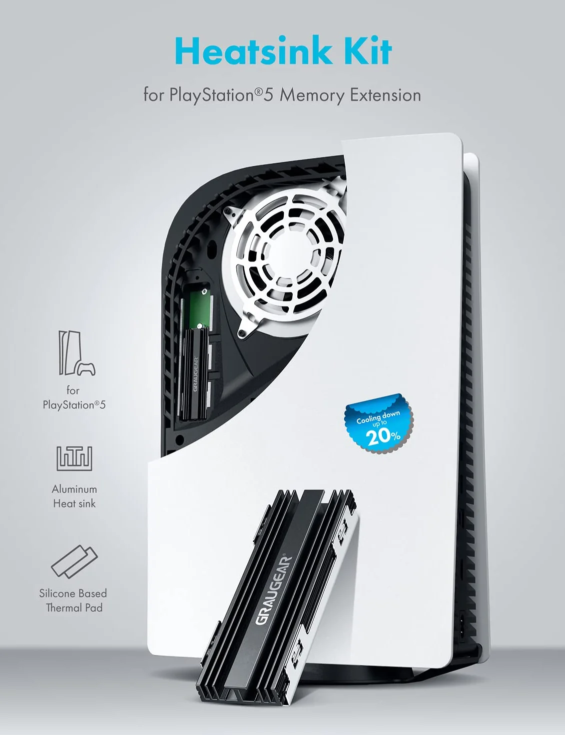 GRAUGEAR Dissipatore di calore per SSD M.2 NVMe (2280), passivo, kit di raffreddamento M.2, adatto per PlayStation®5 e PS5 Slim, 2 cuscinetti termici in silicone, alluminio