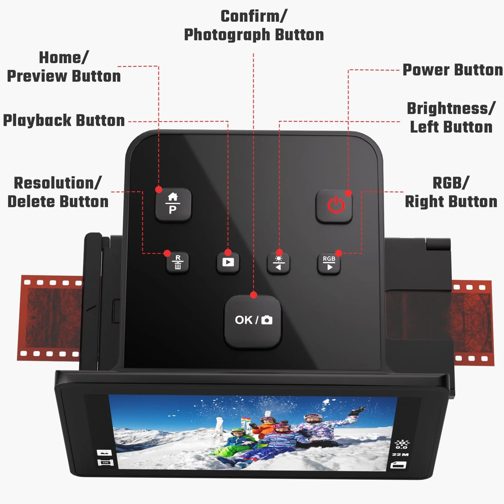 Film digitale e diascanner con ampio display LCD da 5 pollici, scanner scorrevole per digitalizzare scanner negativo, converte 135, 126 KPK, 110 negativi e film Super 8 in JPEG da 22 MP