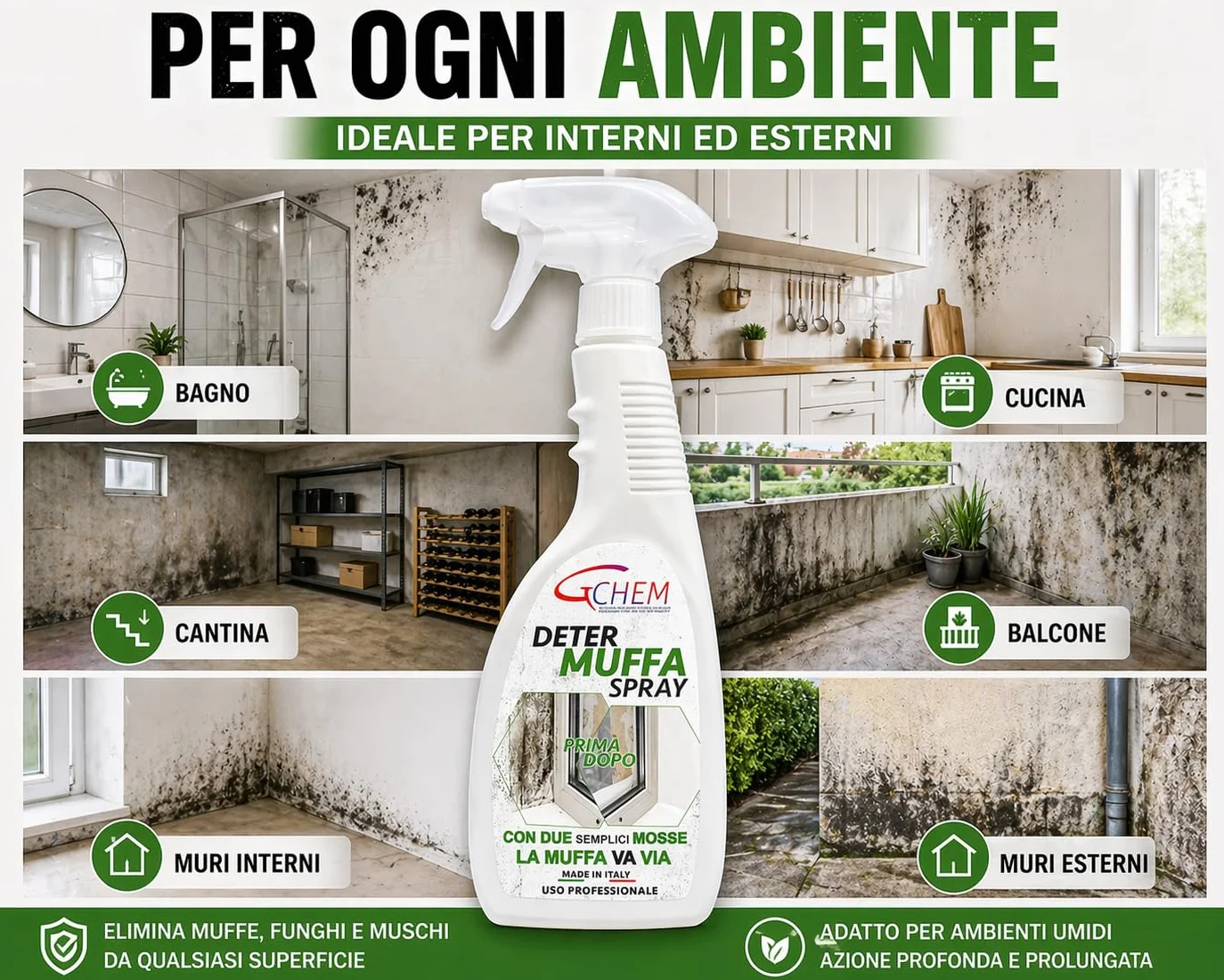 DETERMUFFA Spray Antimuffa 750 ml per Muri Interni ed Esterni, Azione Prolungata