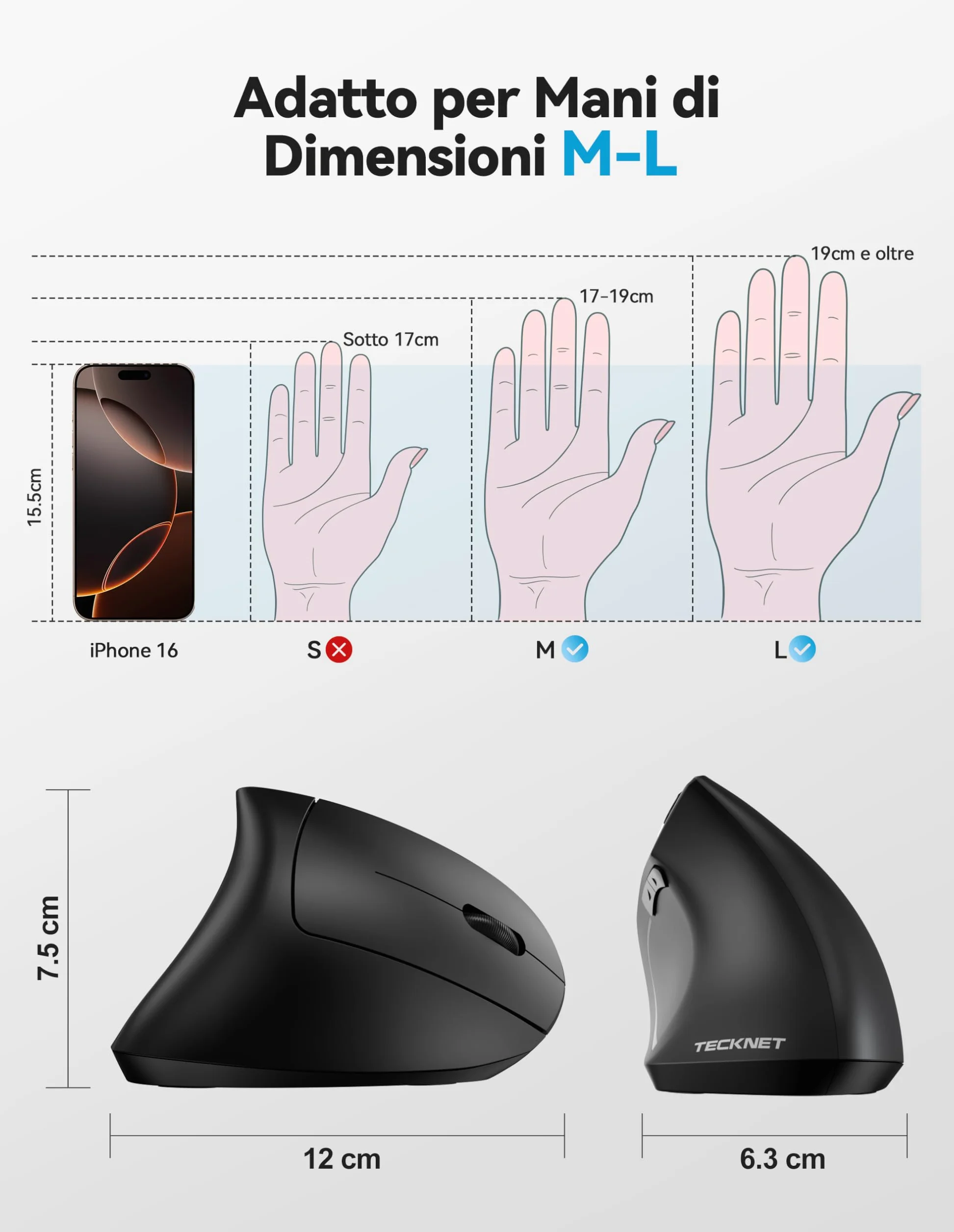 TECKNET Mouse Verticale, Mouse Bluetooth Ergonomico Ricaricabile, Wireless Ottico Right Handed 6 Pulsanti, Multi-dispositivo (BT5.0/3.0+USB-A), 4800 DPI 6 Livelli Regolabili, Ampia compatibilità-Nero