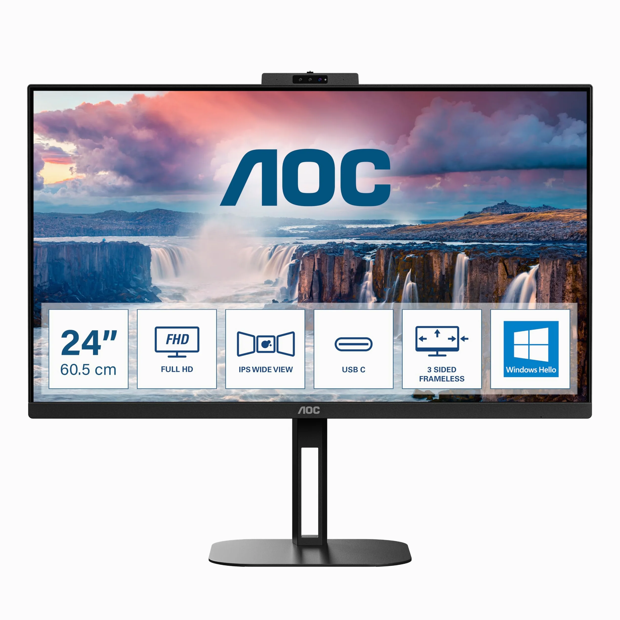 AOC 24V5CW - Monitor da 24 Pollici FHD, Webcam, Speaker, Height-Adjustable 1920 x 1080, 75 Hz, HDMI, DisplayPort, USB-C, USB Hub Nero, Regolazione altezza - Webcam, 24 pollice FHD