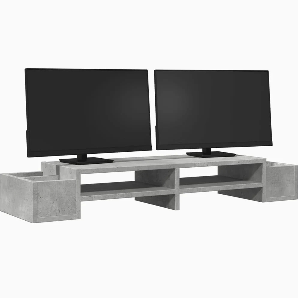 Supporto per monitor con vano portaoggetti, in legno grigio cemento, 100 x 27 x 15 cm, 4 scomparti, per scrivania per computer, scrivania, supporto per laptop, supporto per monitor, home