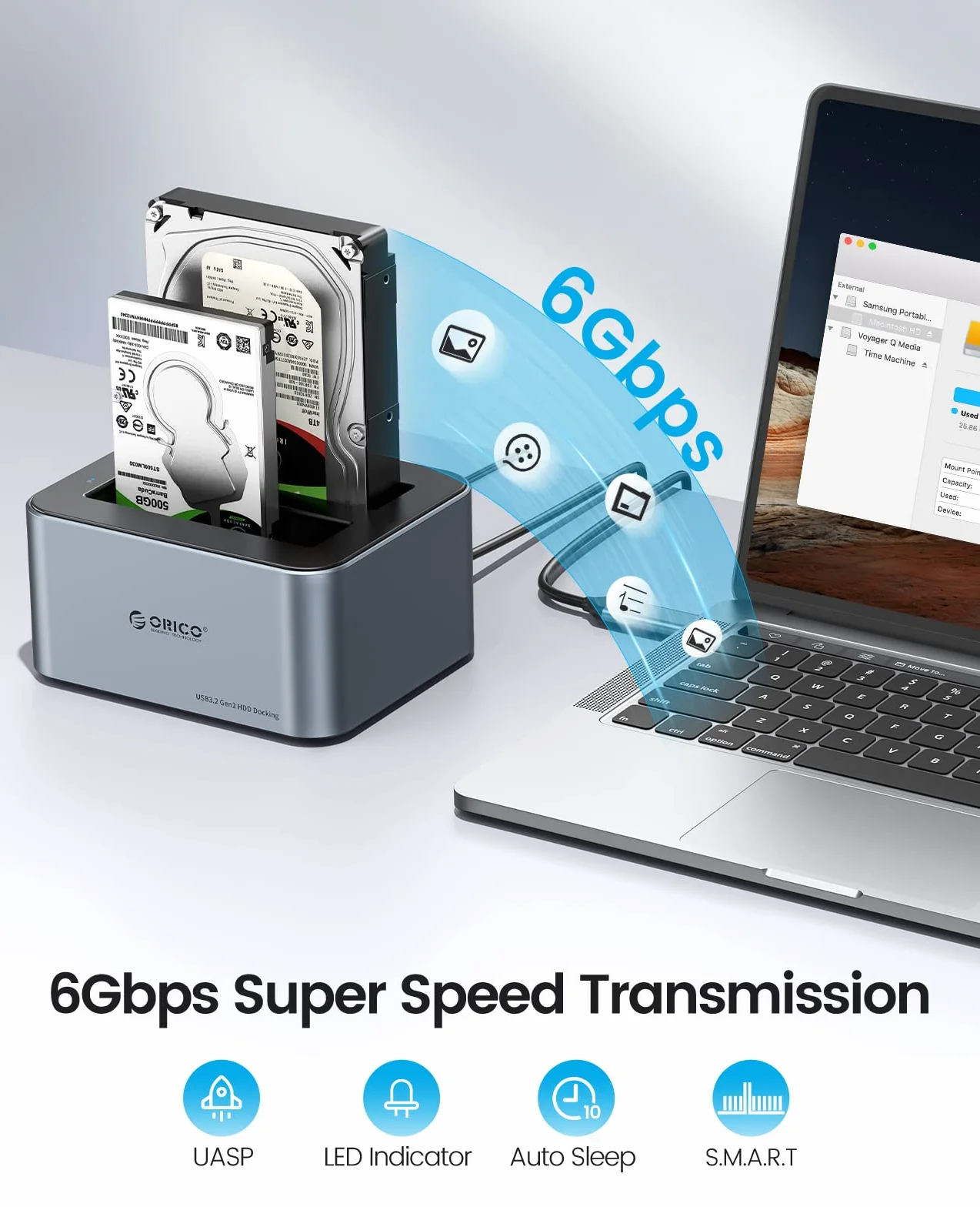 ORICO Docking Station 2 Aloggiamenti SATA 2.5/3.5 pollici USB 3.2 Gen 2 SSD/HDD 12V 3A 2TB