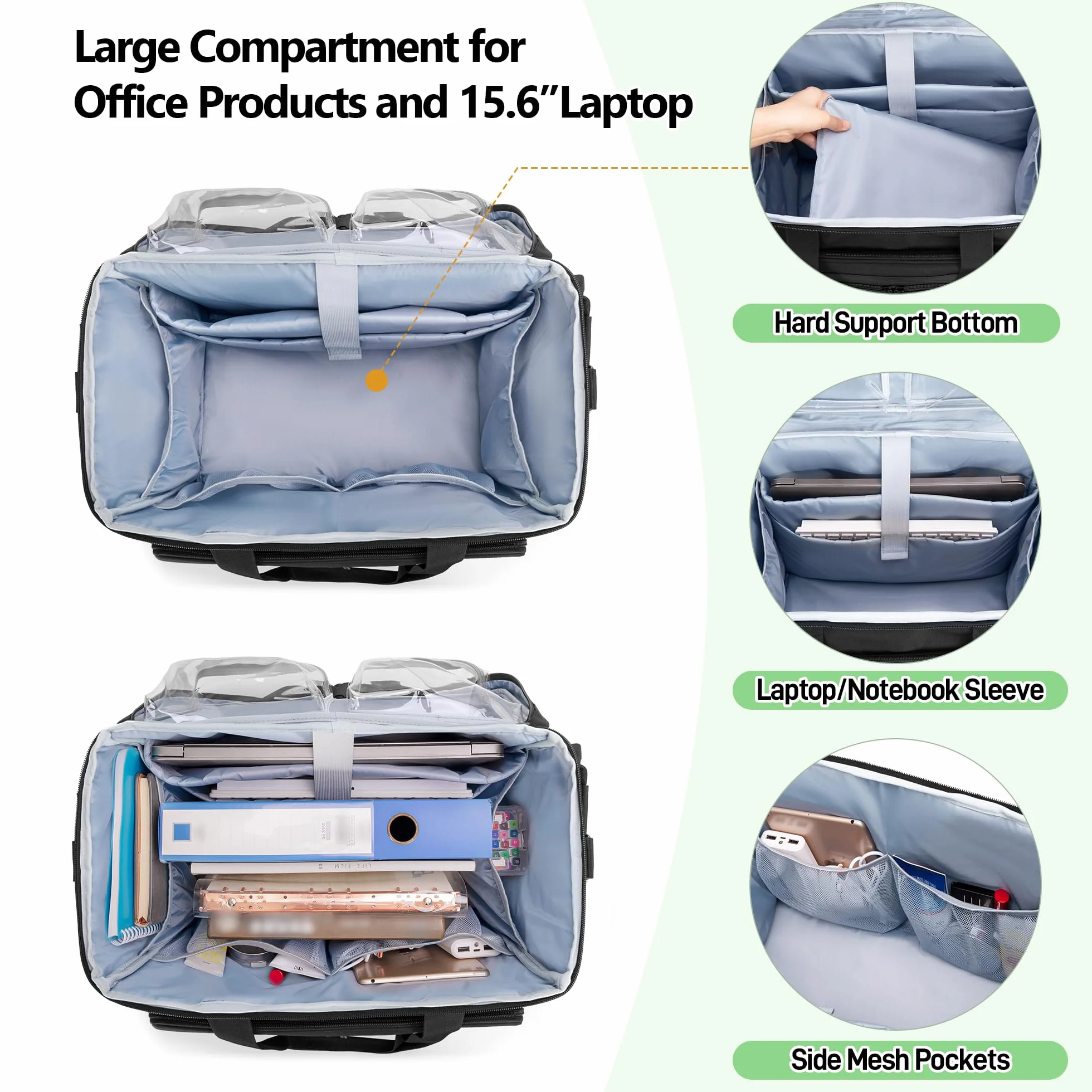 Borsa per Insegnanti con Rotelle Trunab, Trolley Staccabile, Tasca Portadocumenti Espandibile, per Laptop 15,6 Pollici, Nero