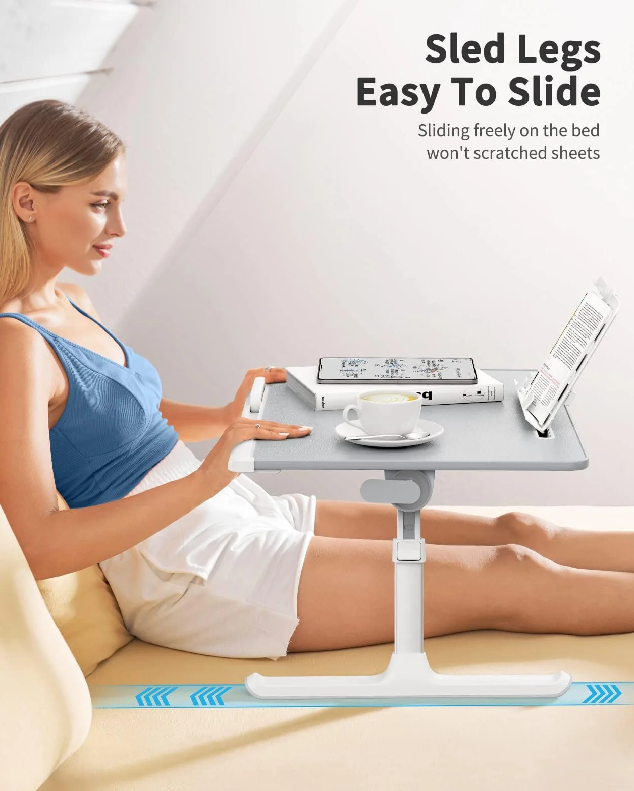 SAIJI - Tavolo per computer portatile e desktop, multi-funzione, altezza regolabile, supporto per libri e tablet, cassetto, pavimento del letto (grigio, 60 x 45 cm)
