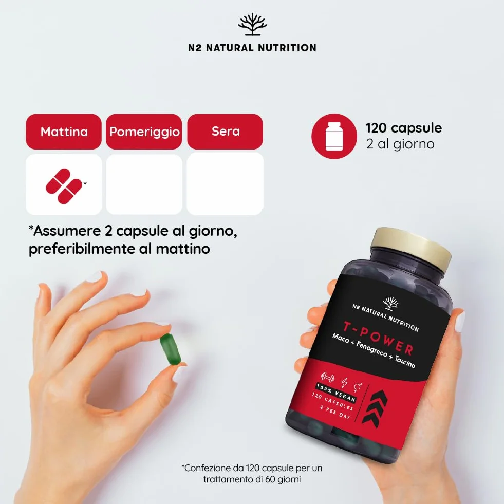Integratore Testosterone Uomo con Maca, Taurina, Fieno Greco, Ginseng, Zinco e B6 - 120 Capsule N2 Natural Nutrition