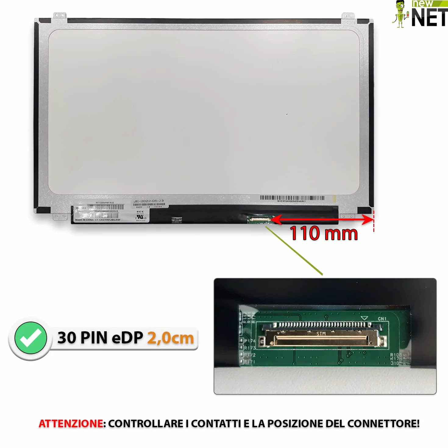 new net - Pannello Schermo Display LCD Compatibile con HP 250 G4, 250 G5, 250 G6, 250 G7, 255 G4, 255 G5, 255 G6 [15.6 Pollici - HD - 1366 x 768-30 Pin]