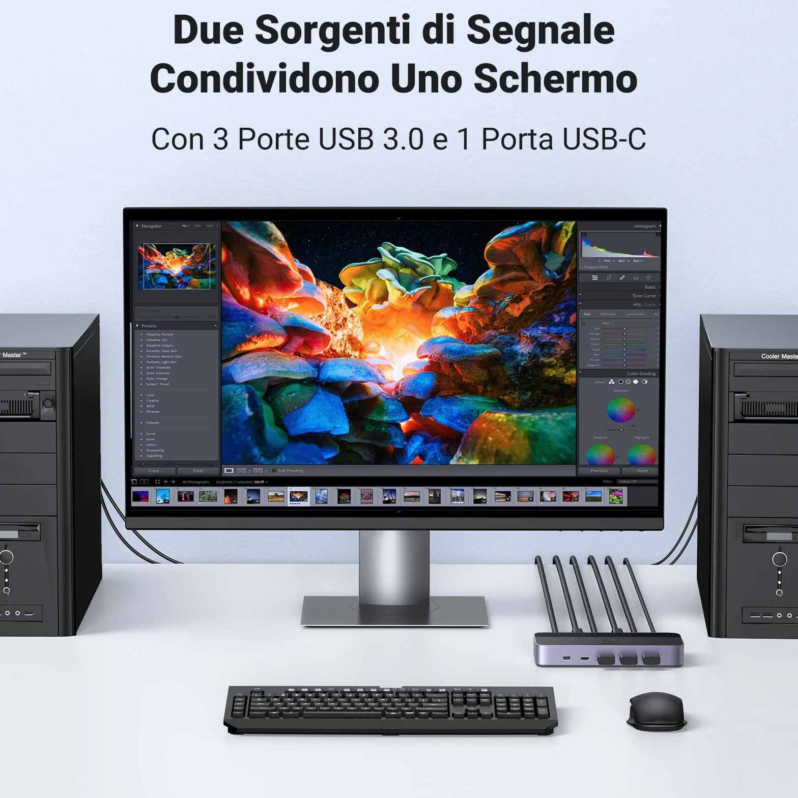 UGREEN Switch KVM HDMI 4K 60Hz 2 Ingressi 1 Uscita con 3 Porte USB A 3.0 e 1 Porta Tipo C 3.0 5Gbps per Tastiera Mouse HDD Hard Disk Switcher con Controller Desktop e 2 Cavi 1M