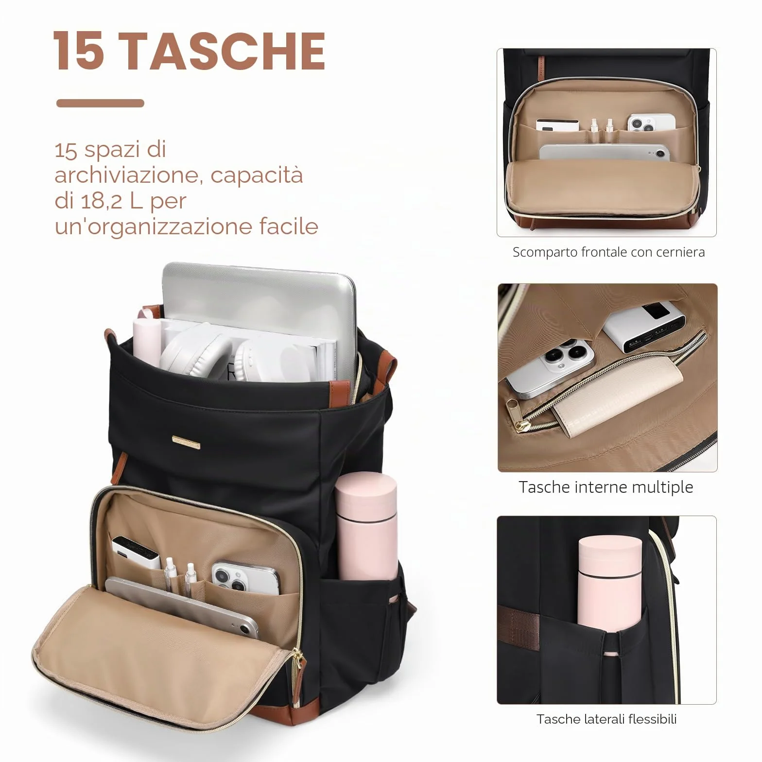 Zaino Porta PC Donna 16 Pollici Antifurto, Impermeabile Computer Backpack Capiente per Laptop, Viaggi, Ufficio, Scuola
